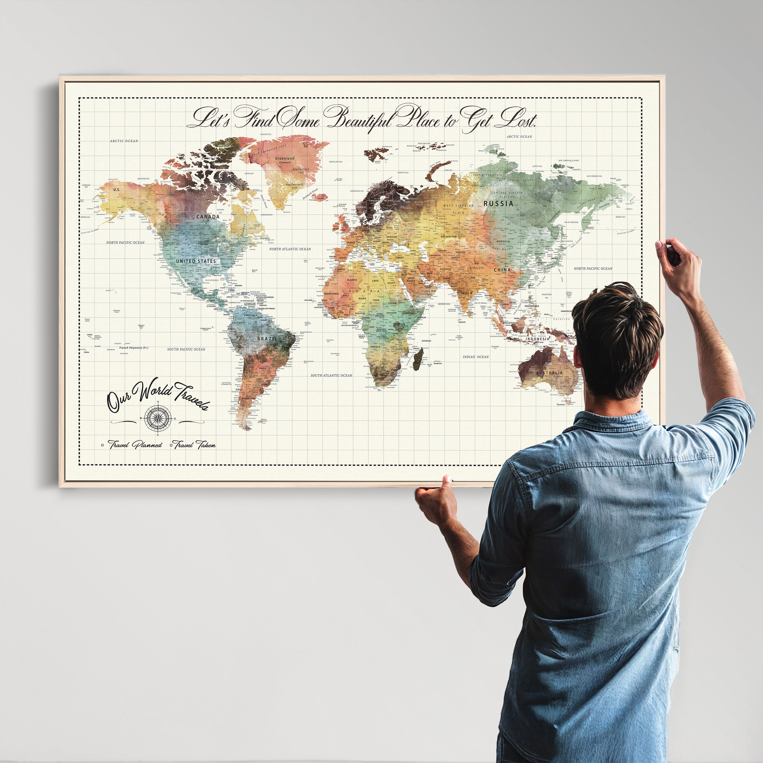 Rehber01-MGV-CV-36X24-Custom Framed World Map Canvas Print Personalized Push Pin Travel Tracker Gift for Couples for Home, Office