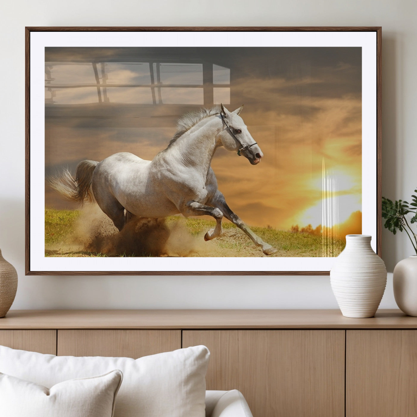 27413-MGV-CV-36X24-Large Wall Art Galloping White Horse at Sunset Canvas Print