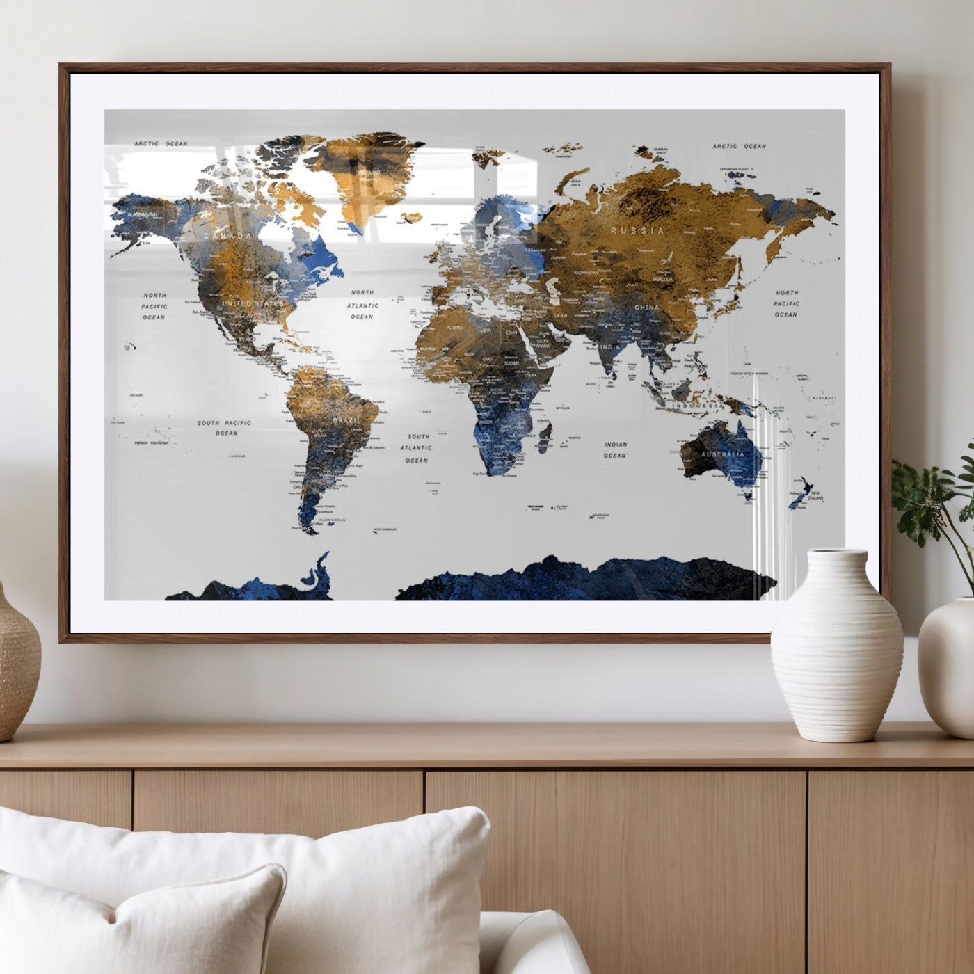56231-MGV-CV-36X24-Navy and Gold World Map Canvas Wall Art – Framed Modern World Map Print, Elegant Travel Inspired Artwork for Home and Office Decor