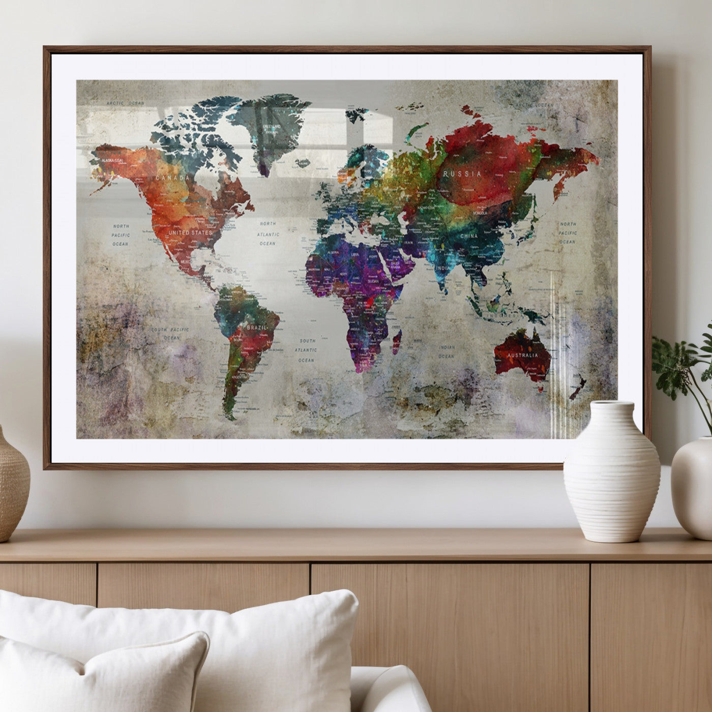 83409-MGV-CV-36X24-Push Pin World Map Canvas Print – Framed Travel Map Wall Art for Couples, Anniversary Gift, Modern Home or Office Decor