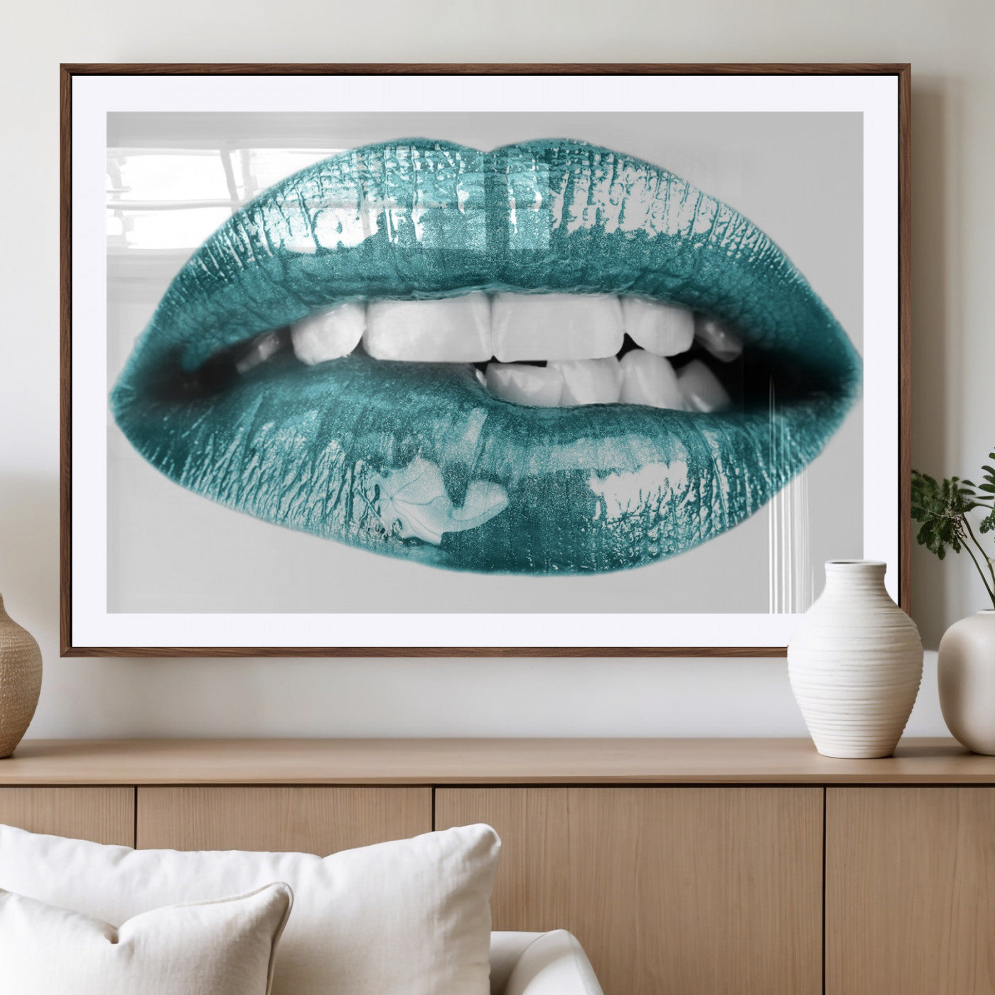 -Blue Lips Wall Art Canvas Print