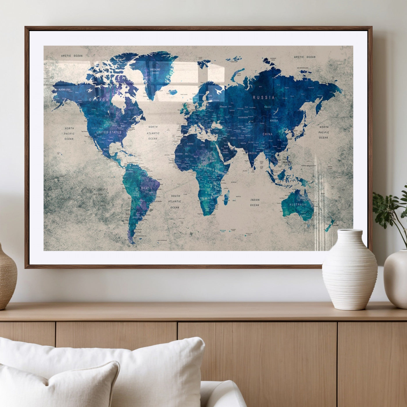 43947-MGV-CV-36X24-Blue Watercolor World Map Canvas Print – Framed Modern Wall Art, Elegant Push Pin Travel Map Decor for Home Office or Living Room