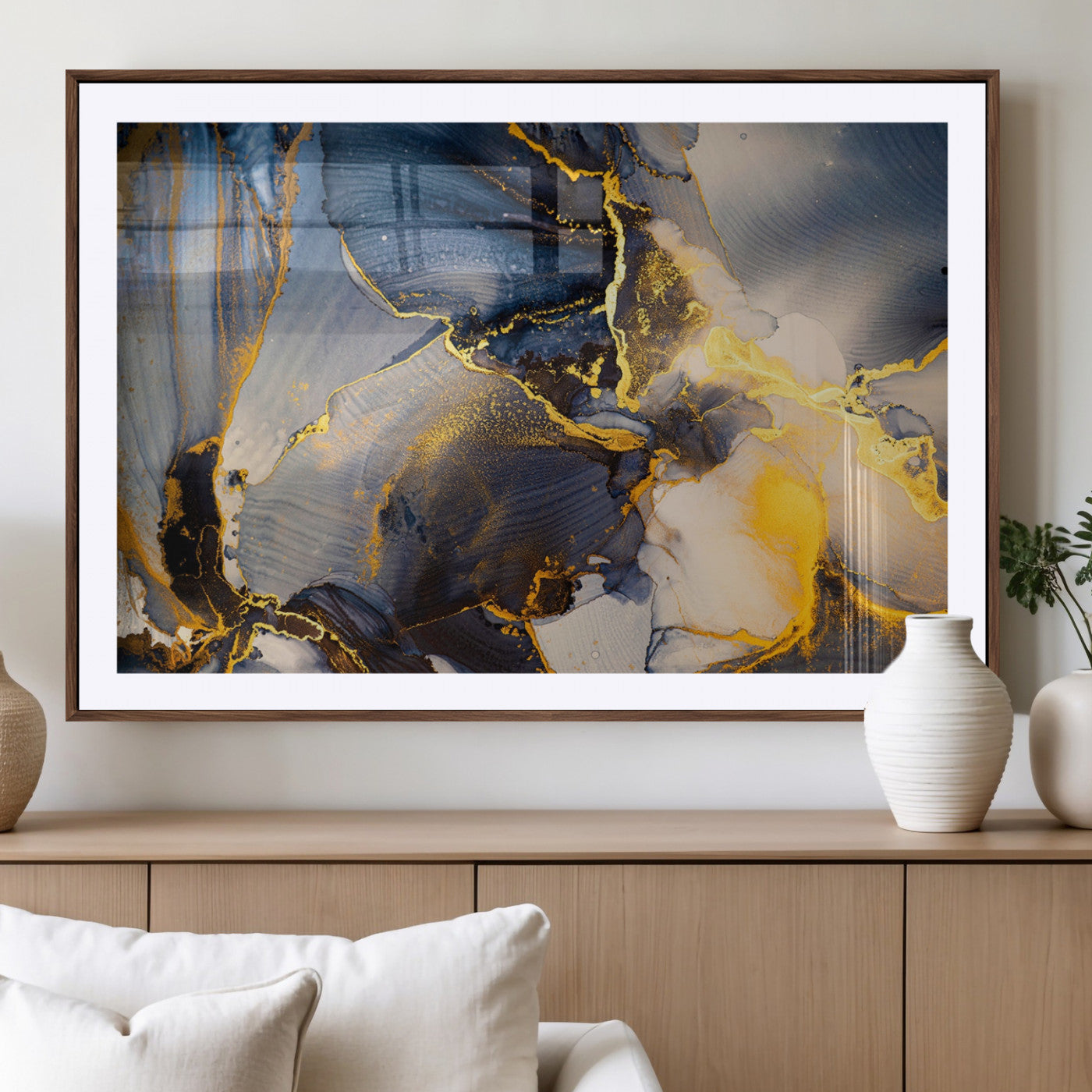 42100-MGV-CV-36X24-Large Abstract Wall Art Print - Gold and Blue Abstract Canvas Wall Art | Fluid Ink Modern Luxury