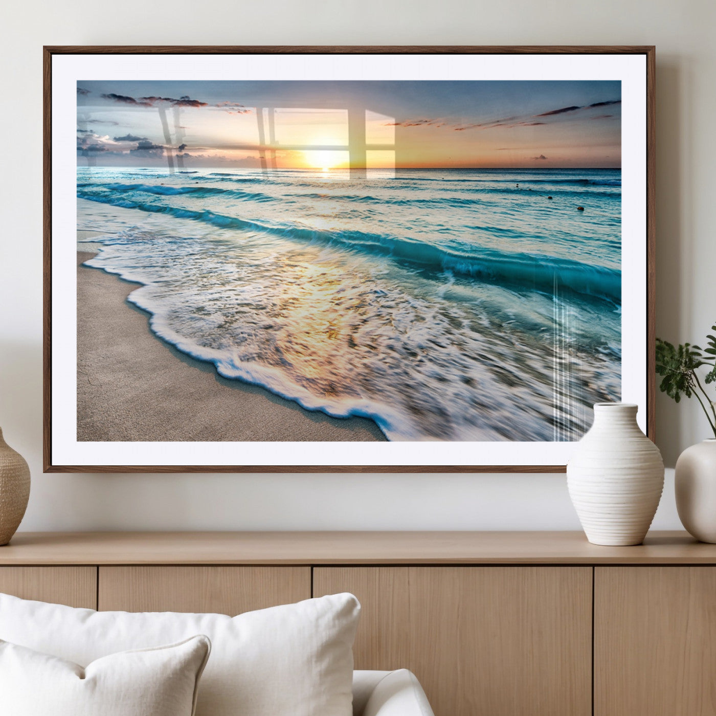 -Sunset Beach Waves Canvas Wall Art – 5-Panel Ocean Sunset Print – Coastal Decor for Living Room or