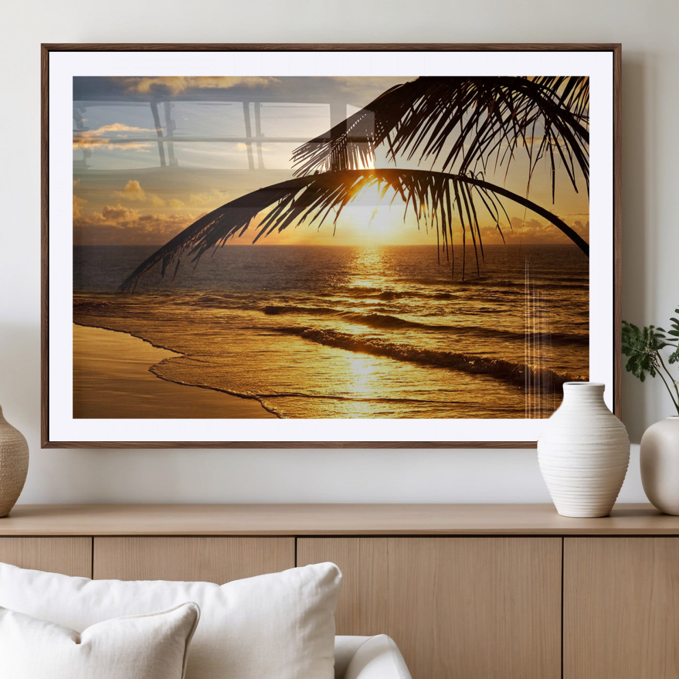 -Golden Tropical Beach Sunset Canvas Triptych, Coastal Palm Tree Wall Art, Ocean Shoreline Giclee