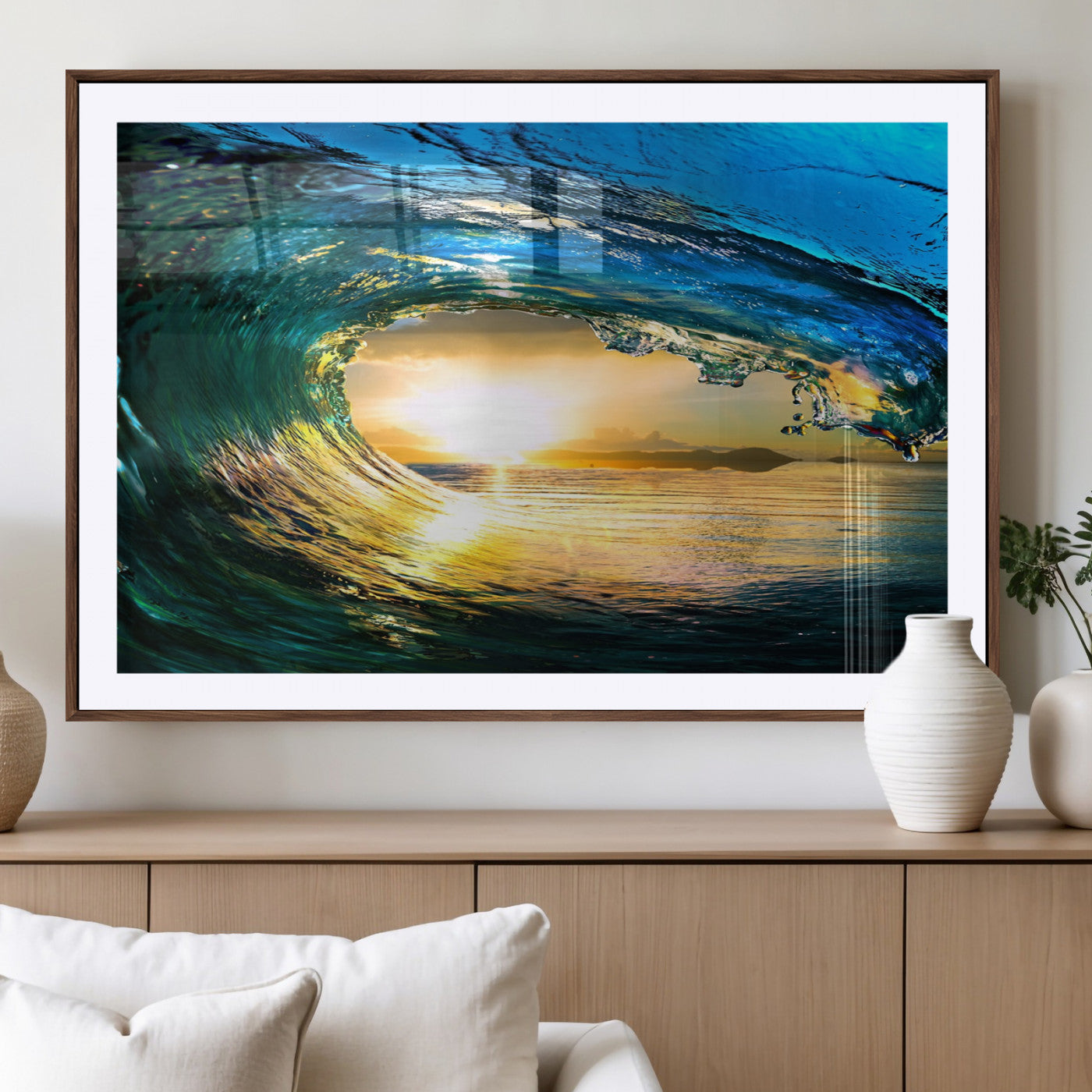 -Ocean Wave at Sunset Canvas Art, Large Wall Print of Vibrant Water Waves, Coastal Art for Living