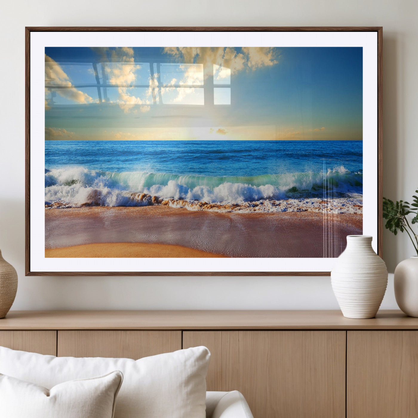 -Tropical Beach Sunset Canvas Art, Ocean Waves and Sandy Shoreline Wall Art, Large Beach Decor for
