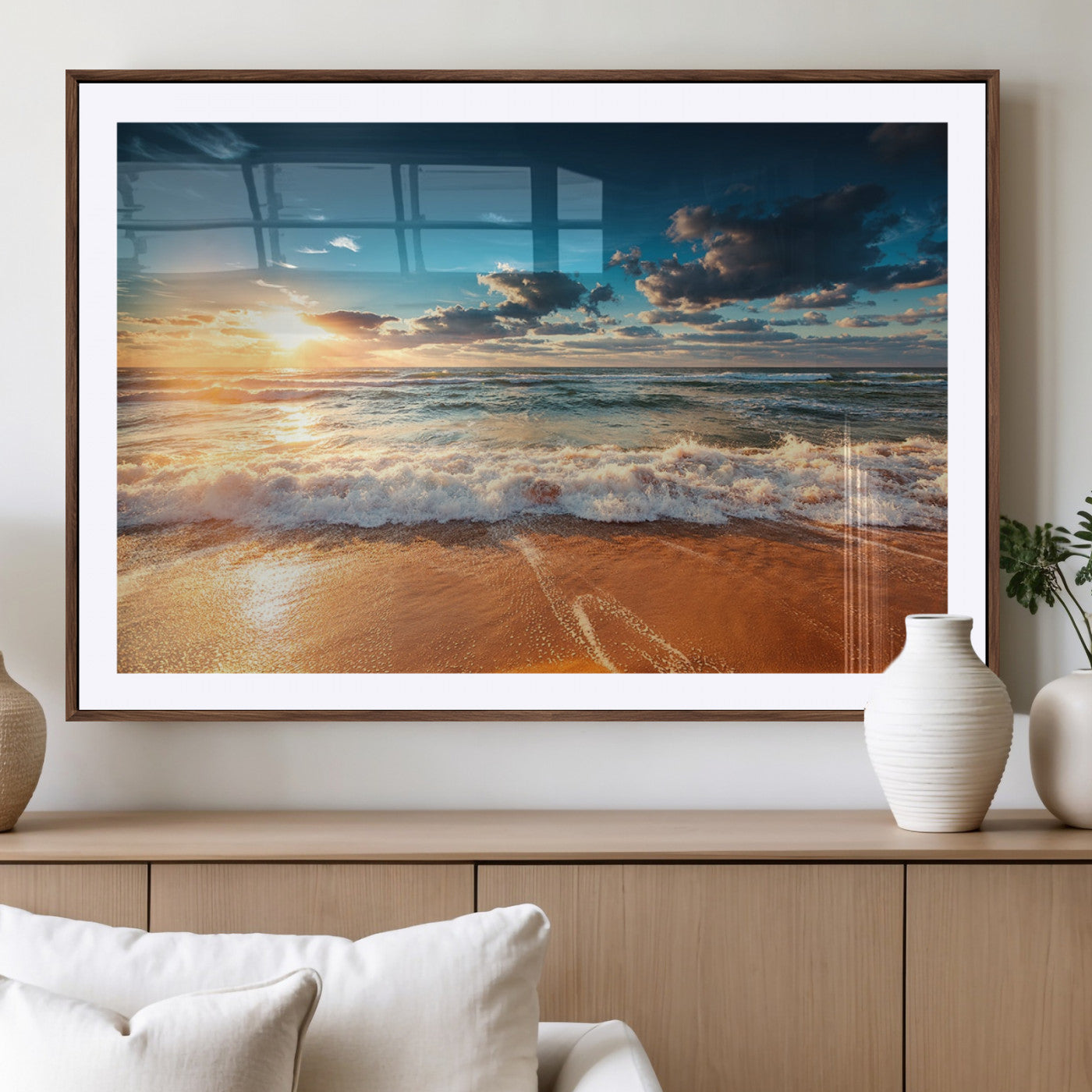 -Golden Sunset Beach Triptych Canvas Art, Giclee Coastal Wall Decor, Ocean Waves Print, Modern Beach