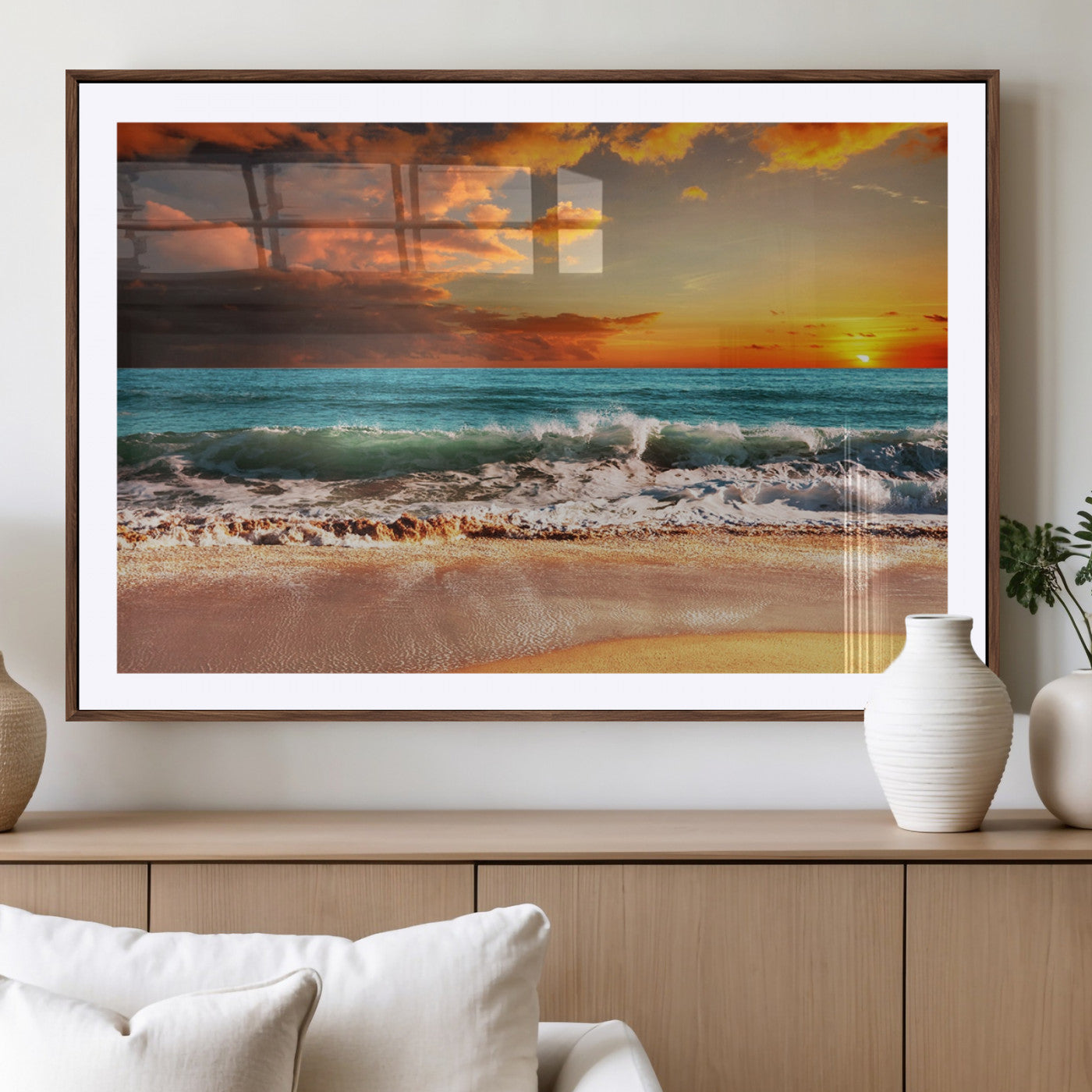 -Golden Sunset Beach Canvas Wall Art – Triptych Seascape Print – Framed and Ready to Hang for Living