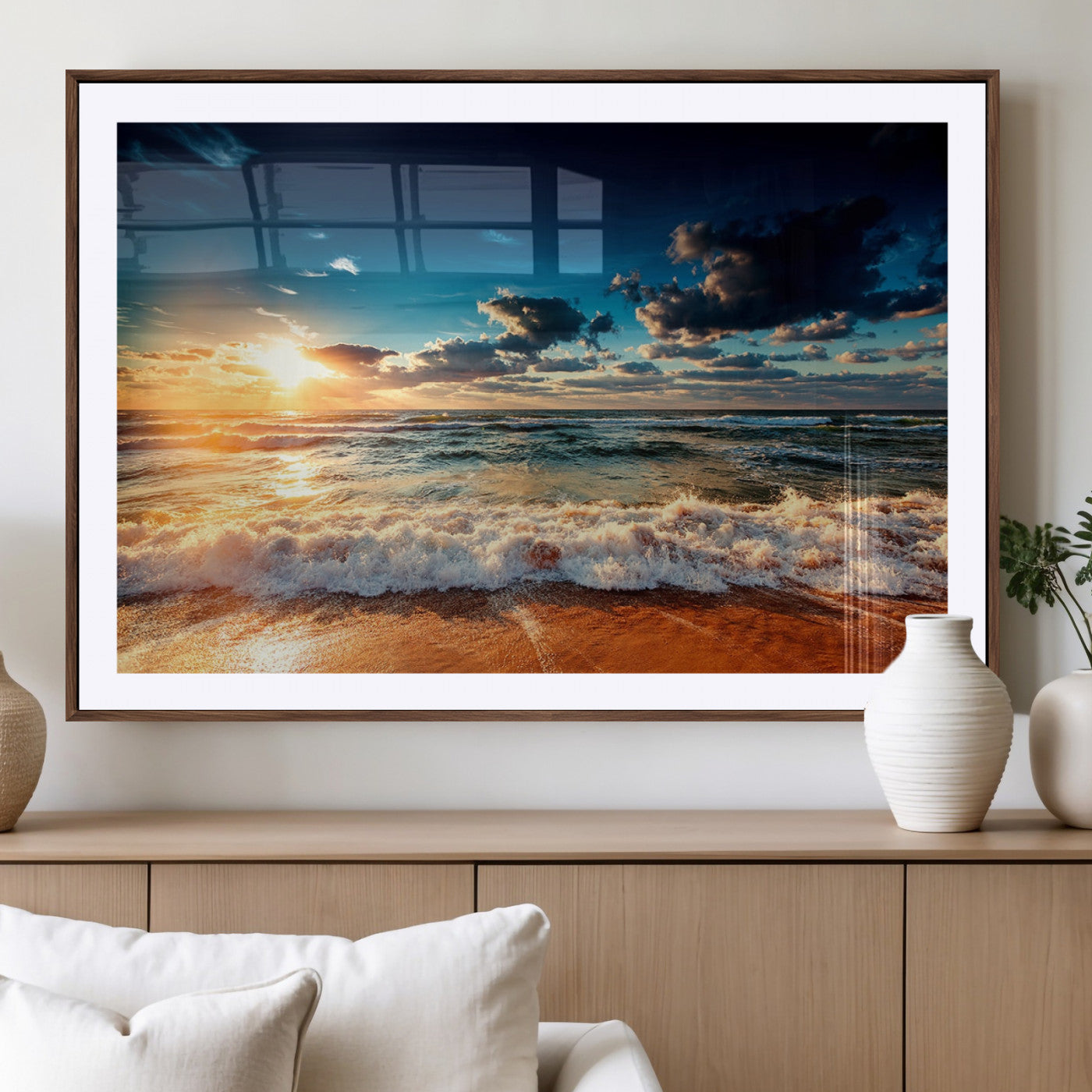 -Golden Hour Sunset Over Ocean Waves Wall Art Canvas Print | 3 Panel Coastal Landscape Canvas Wall