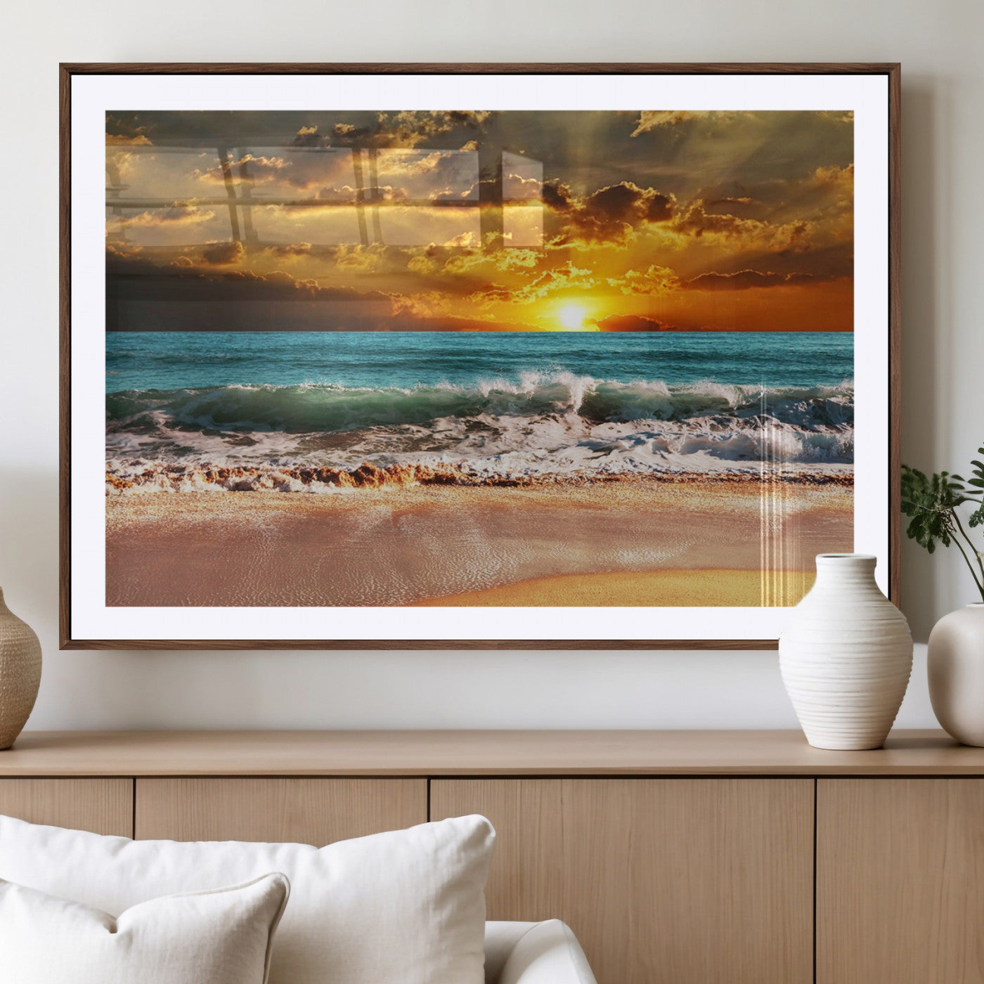 16495-MGV-CV-36X24-Golden Sunset Beach Canvas Wall Art – Triptych Seascape Print – Framed and Ready to Hang for Living