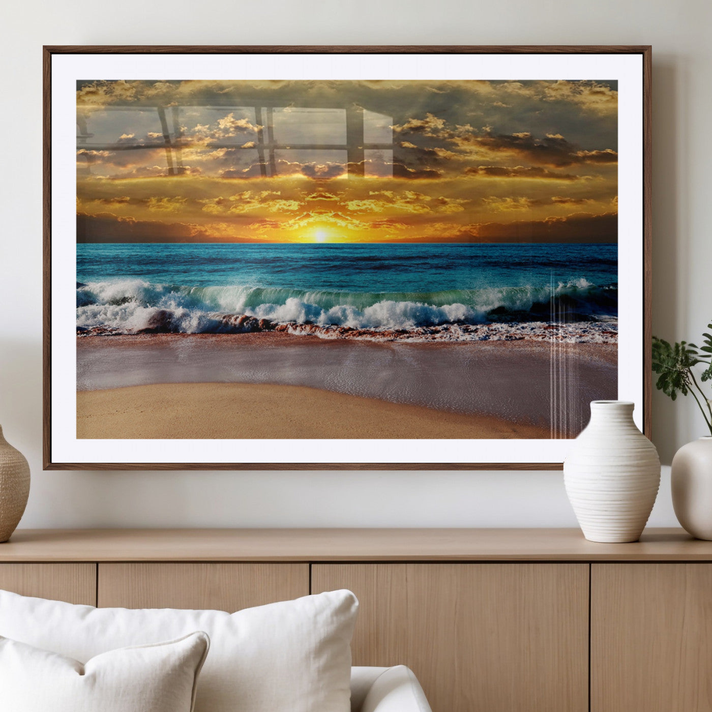 -Ocean Sunrise Over Golden Beach Waves, Giclee Canvas Wall Art Set, High-Quality Stretched Canvas