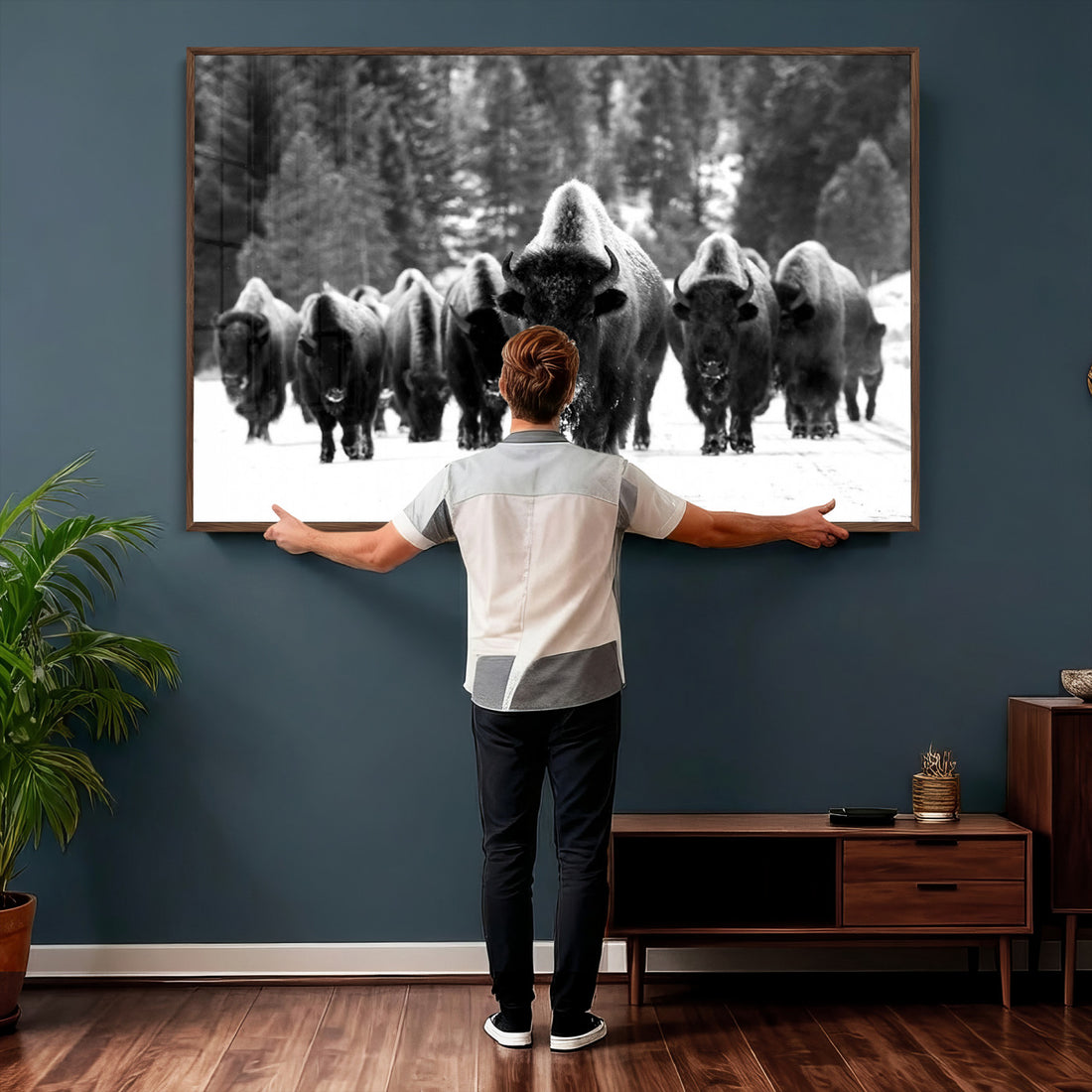 Bison Herd in Snow Wall Art Canvas Print | Rustic Western Bison Wall Art for Living Room