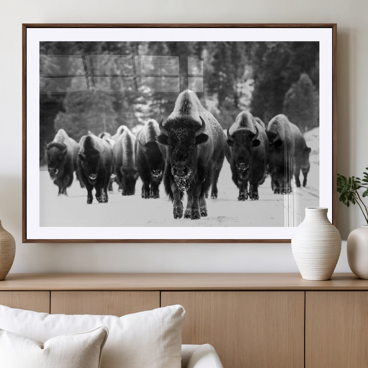 62434-MGV-CV-36X24-Bison Herd in Snow Wall Art Canvas Print | Rustic Western Bison Wall Art for Decor for Living Room,