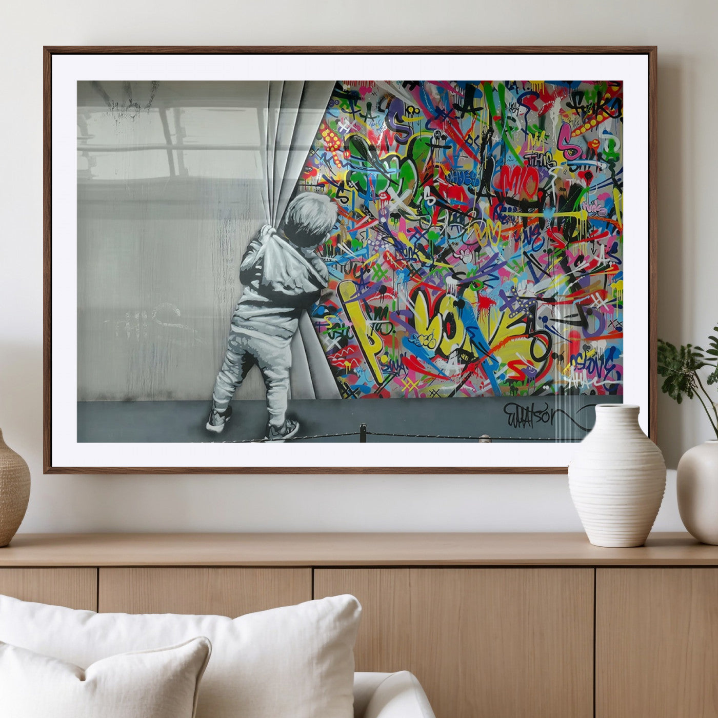 51713-MGV-CV-36X24-Banksy Colorful Street Graffiti Canvas Wall Art Print, Modern Art Triptych, Child and Graffiti Wall,