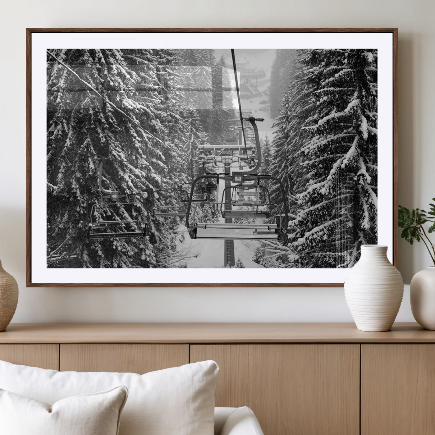 19240-MGV-CV-36X24-Winter Ski Lift Black and White Canvas Wall Art – Alpine Escape in Minimalist Style – Winter Ski