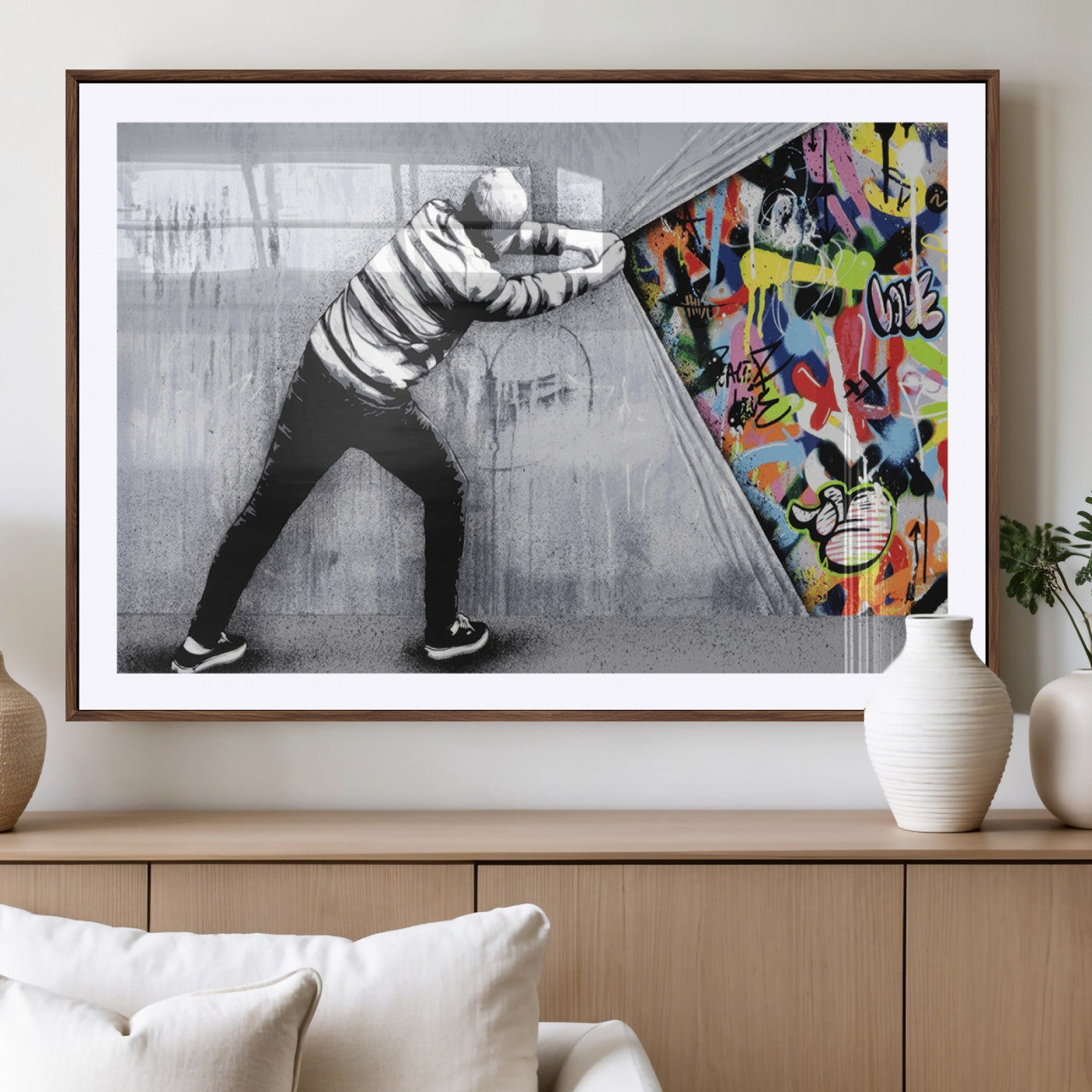 52252-MGV-CV-36X24-Banksy Art Behind the Curtain Street Wall Art Canvas Print | 3-Panel Urban Graffiti-Inspired Wall