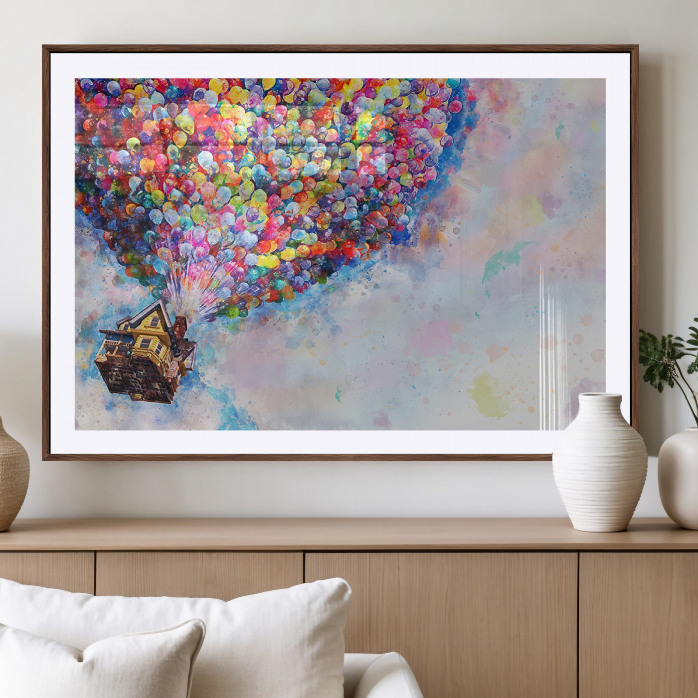 29167-MGV-CV-36X24-Don't Look Up Movie Canvas Wall Art - Vibrant Floating House and Balloons Scene, Tribute to Iconic