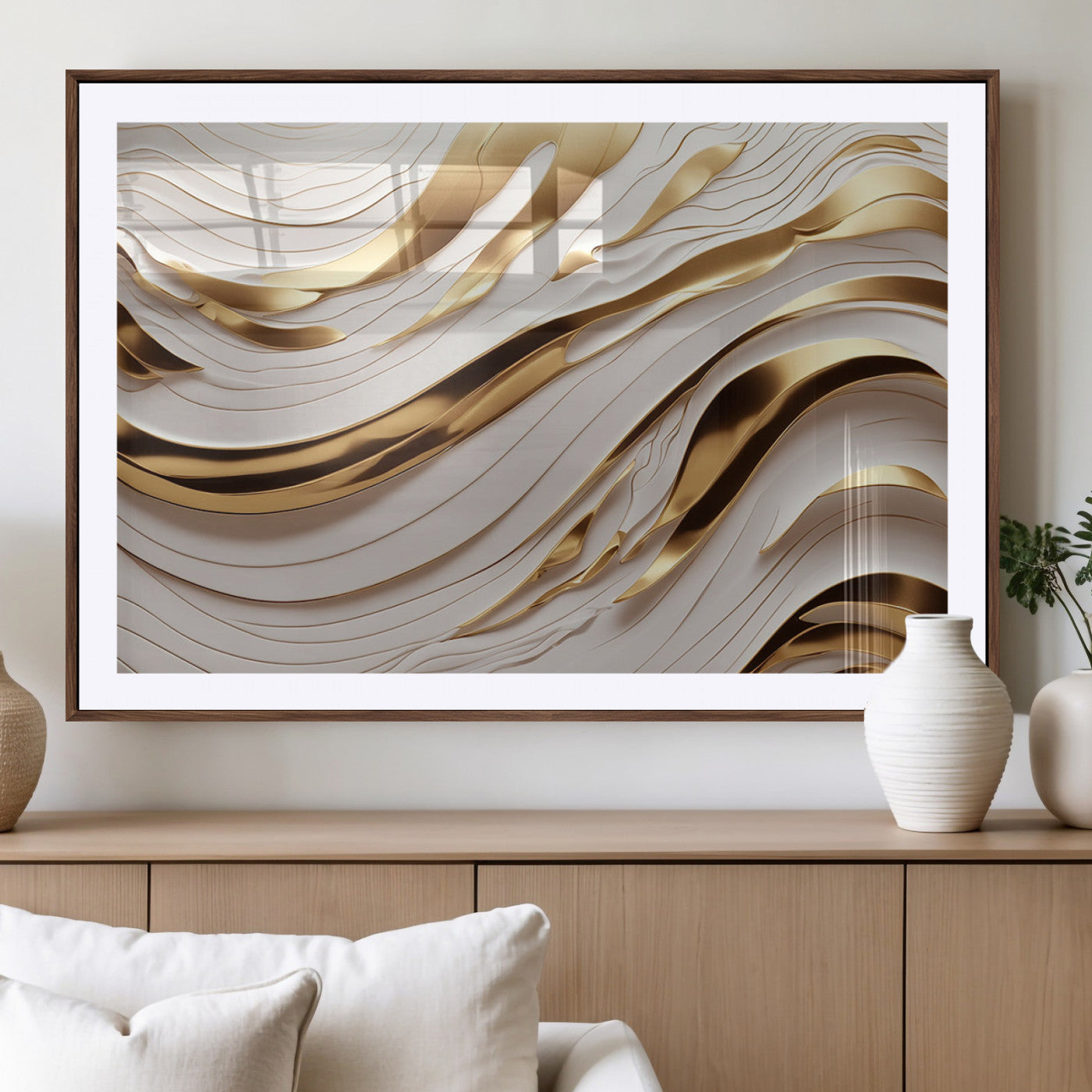 81197-MGV-CV-36X24-Gold and White Abstract Wave Canvas – Elegant Flowing Design with Luxurious Golden Accents –