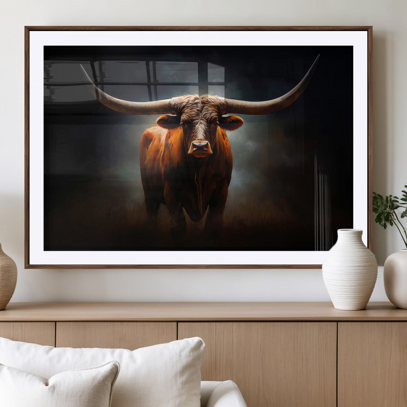 48896-MGV-CV-36X24 - Abstract Texas Longhorn Wall Art Print | 3-Panel Large Texas Longhorn Canvas Print for Living Room,
