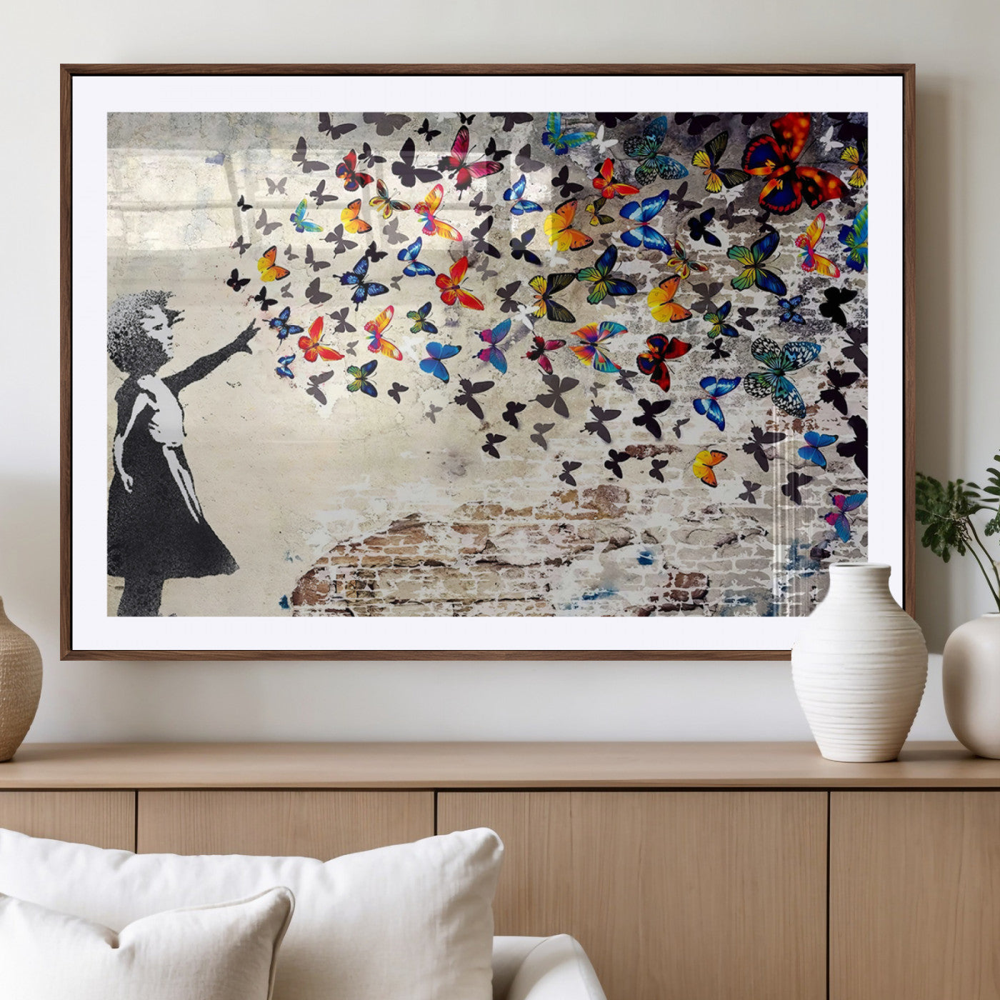 97895-MGV-CV-36X24-Banksy Graffiti Wall Art Canvas Print: Girl Releasing Vibrant Butterflies – Ready to Hang