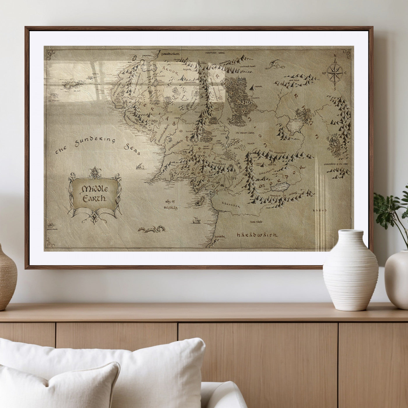 21784-MGV-CV-36X24-Vintage Middle Earth Map Wall Art Canvas – Lord of the Rings Inspired Framed Map Print, Classic Fantasy Decor for Home, Office