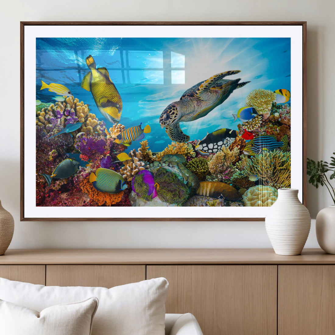 Colorful Coral Reef and Sea Life Turtle Canvas Print, Underwater Tropical Ocean Wall Art