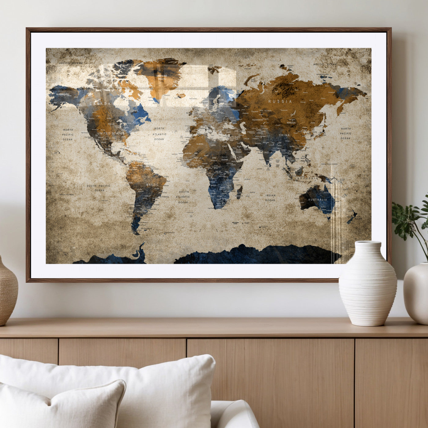 51140-MGV-CV-36X24-World Map Wall Art – Antique Style Blue and Brown Map Canvas Print, Classic Travel Wall Decor for Home Office or Study Room