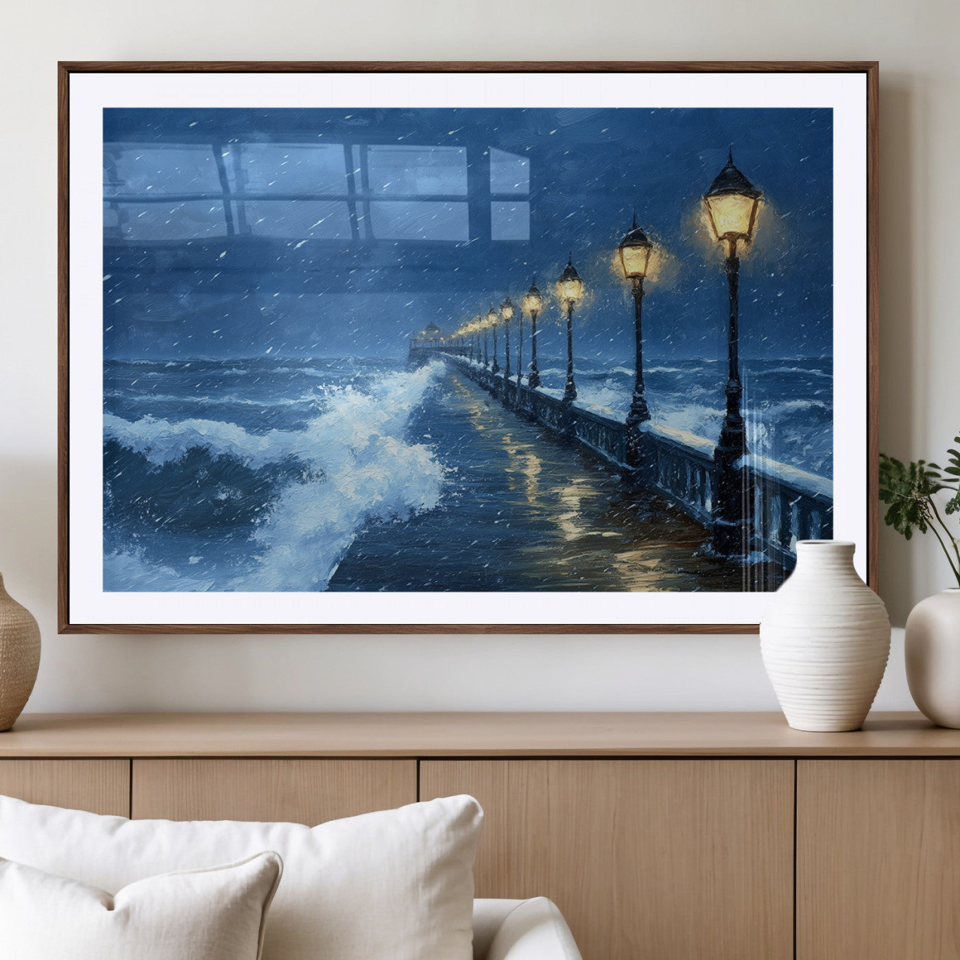 32668-MGV-CV-36X24-Stormy Ocean Pier Lights Canvas Wall Art Print - Large Moody Night Scene for Living Room, or Office,
