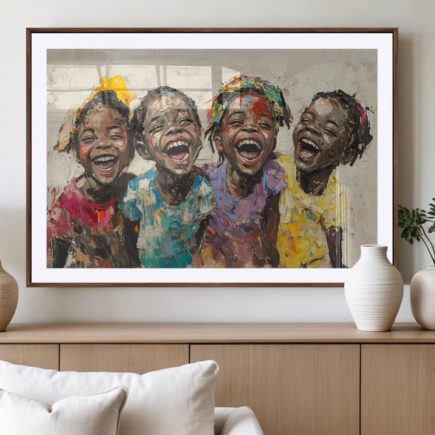 93034-MGV-CV-36X24-Shai Yossef style Joyful Childhood Canvas Wall Art - Expressive Impasto Painting of Black Children