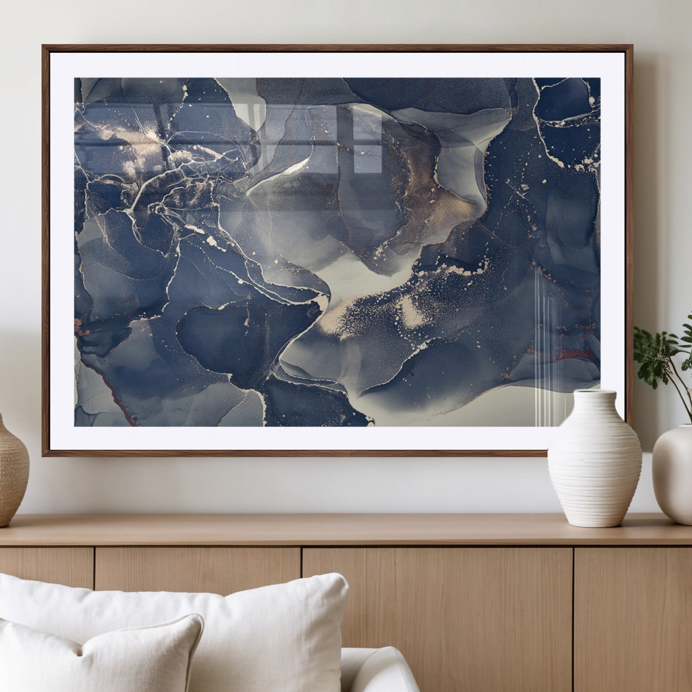 28282-MGV-CV-36X24-Large Abstract Blue and Gold Canvas Wall Art | Fluid Ink Artwork Print | Luxury Wall Decor for