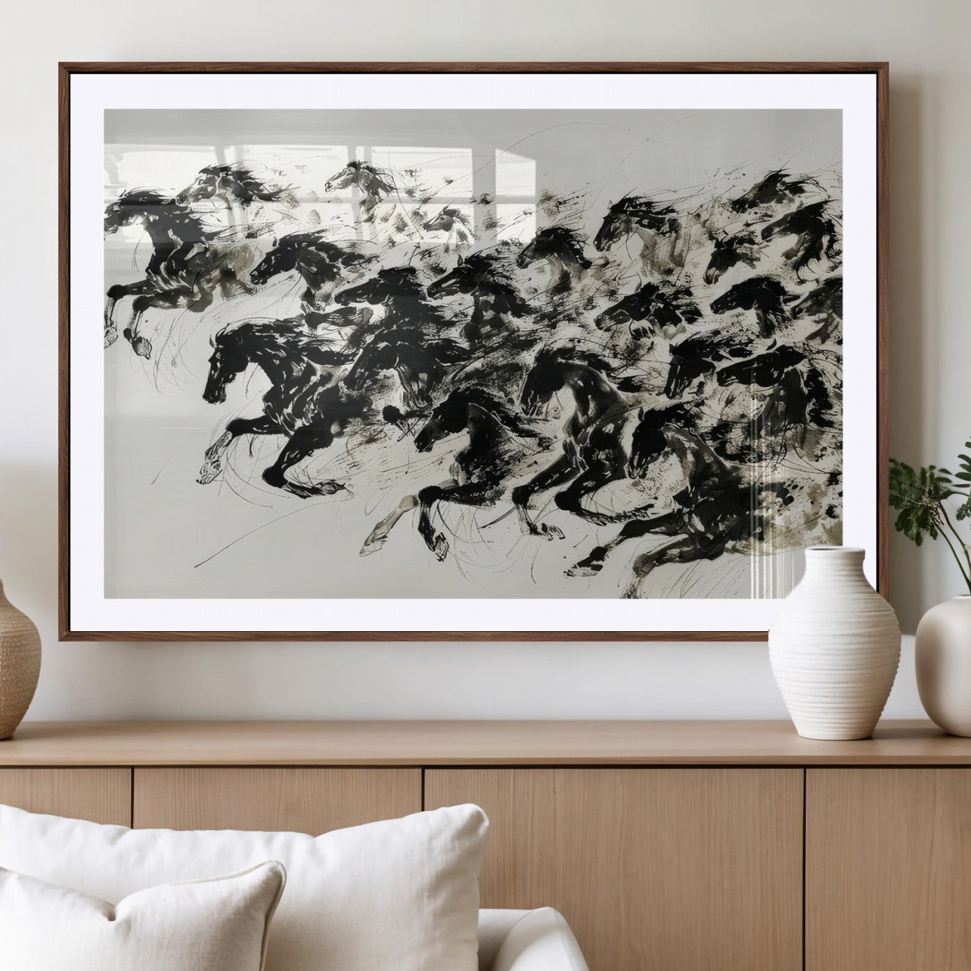 23069-MGV-CV-36X24-Abstract Horse Wall Art Canvas Print - Dynamic Black Ink Horse Print - Modern Equine Wall Decor for