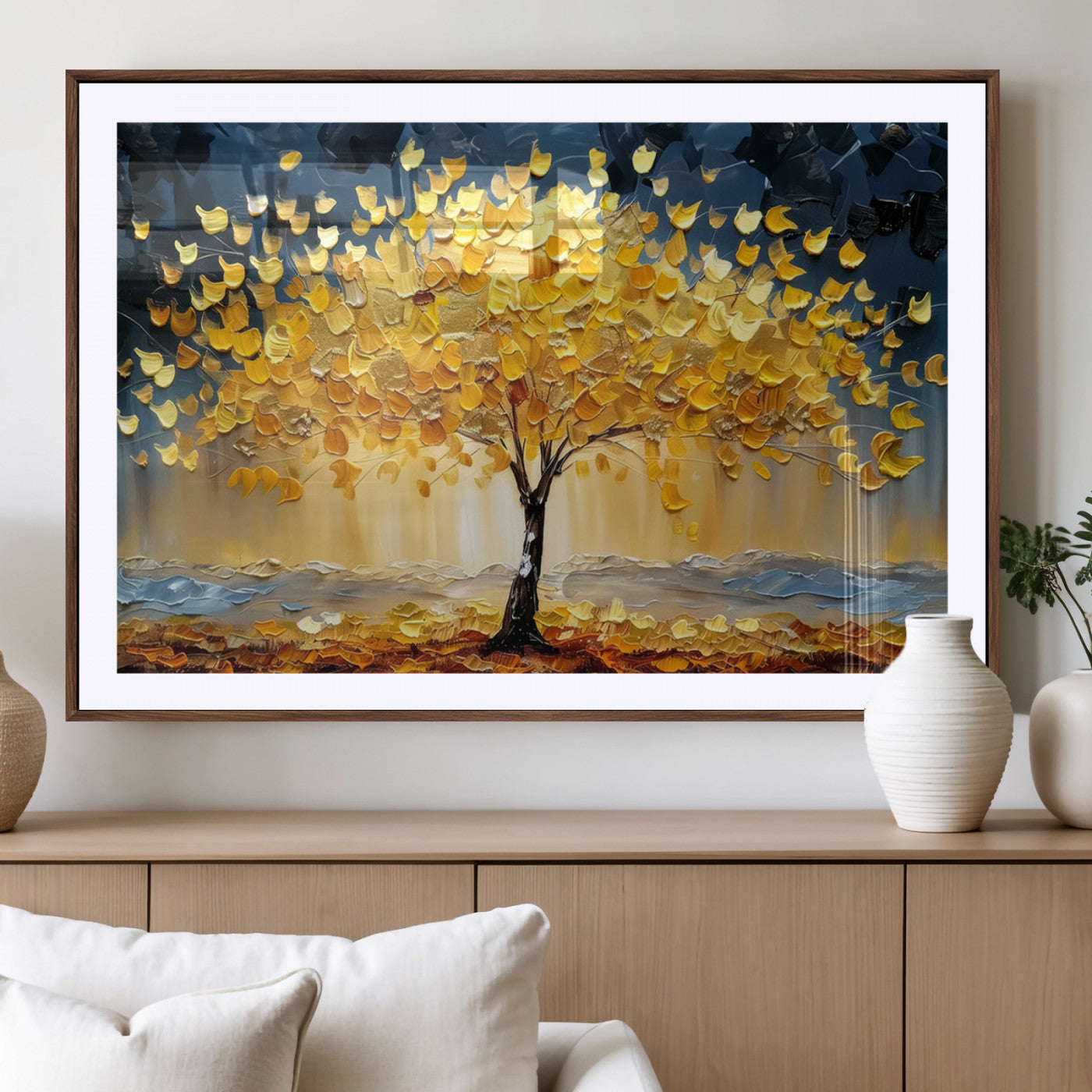 45682-MGC-FP-36x24_Walnut-Golden Autumn Tree Wall Art – Framed Fall Leaves Canvas Artwork, Vibrant Seasonal Design, Cozy Nature Decor for Home, Office