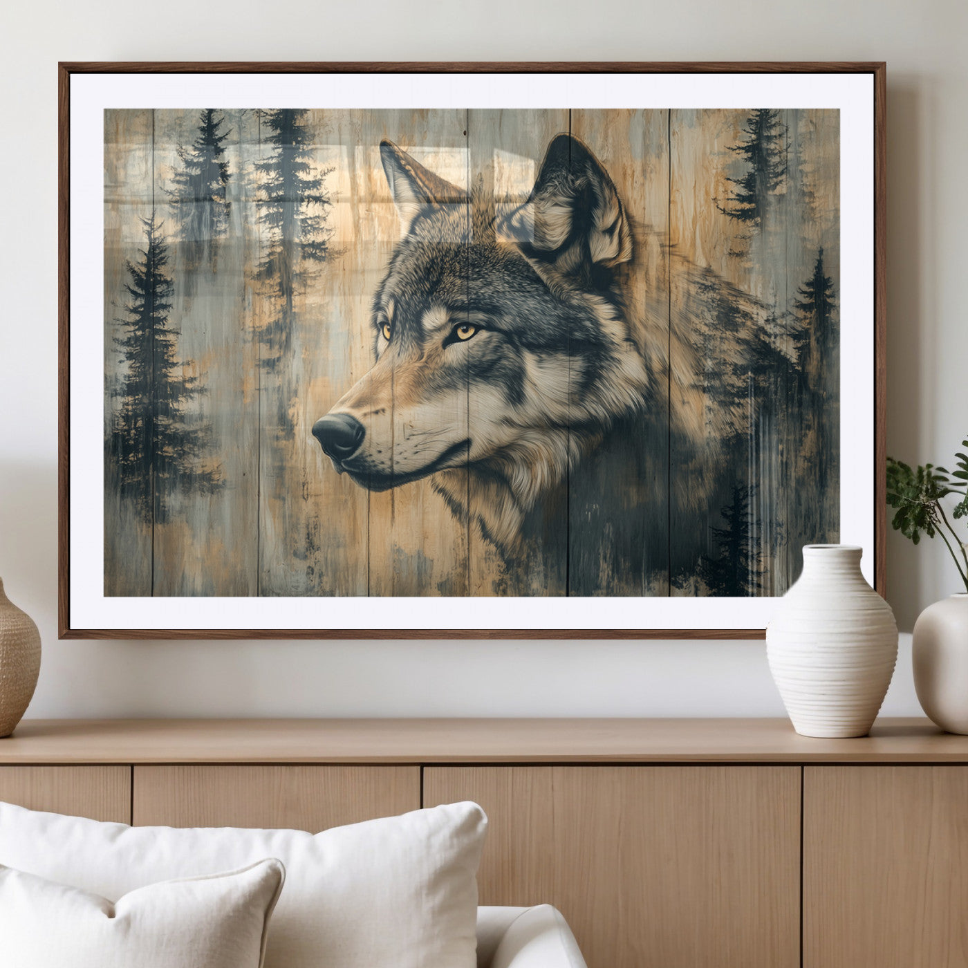 51892-MGV-CV-36X24-Wood Style Rustic Wolf Wall Art Canvas Print, Vintage Woodland Wolf Wall Art, Framed Wood Style Wolf