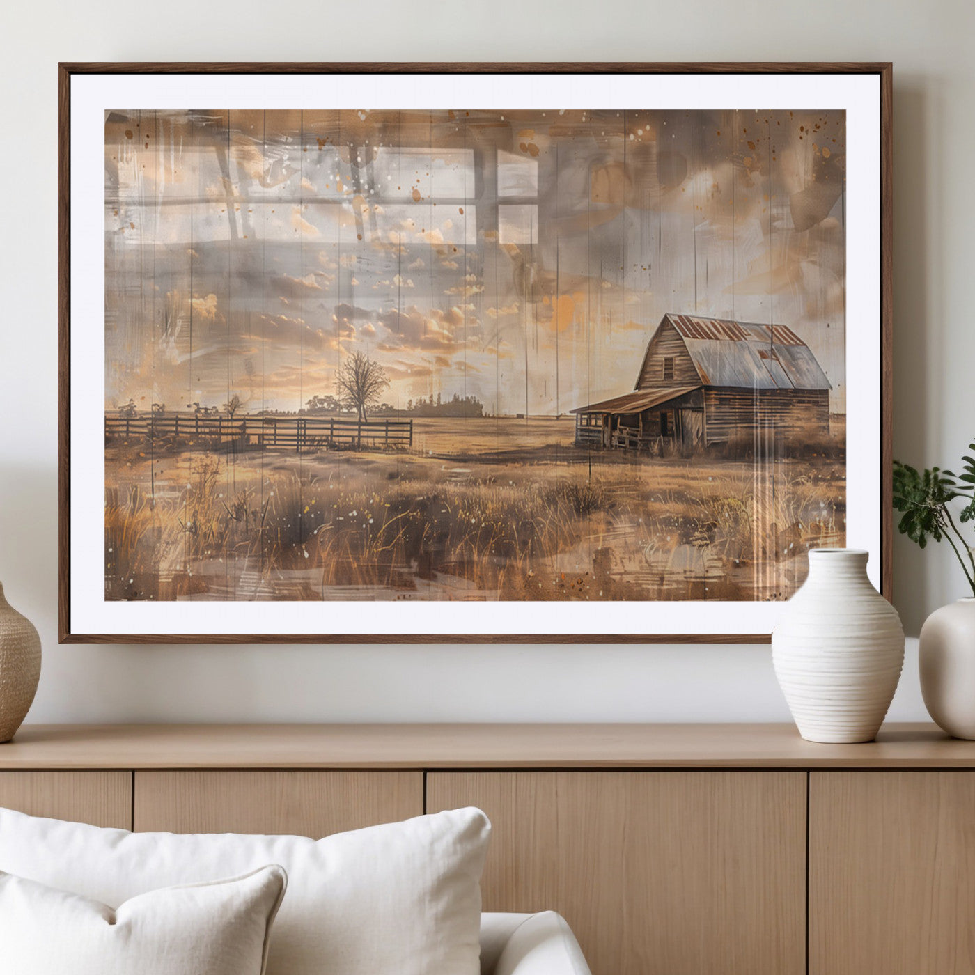 FARM2-MGV-CV-36X24-Rustic Farmhouse Wall Art Canvas Print | Barn and Field Canvas Print | Vintage Country Landscape