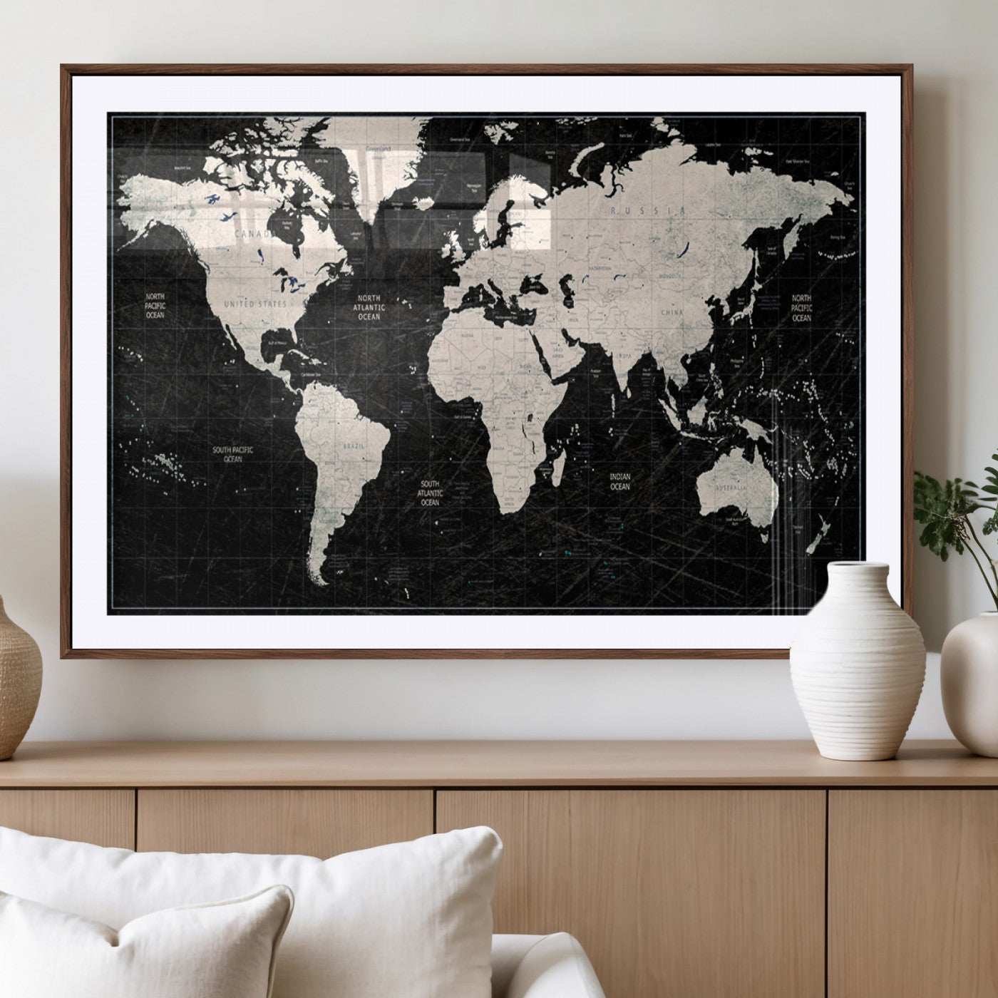 N50Black-MGV-CV-36X24-Push Pin World Map Canvas Print – Framed Travel Tracker Wall Art for Couples, Anniversary Gift and Elegant Home Decor