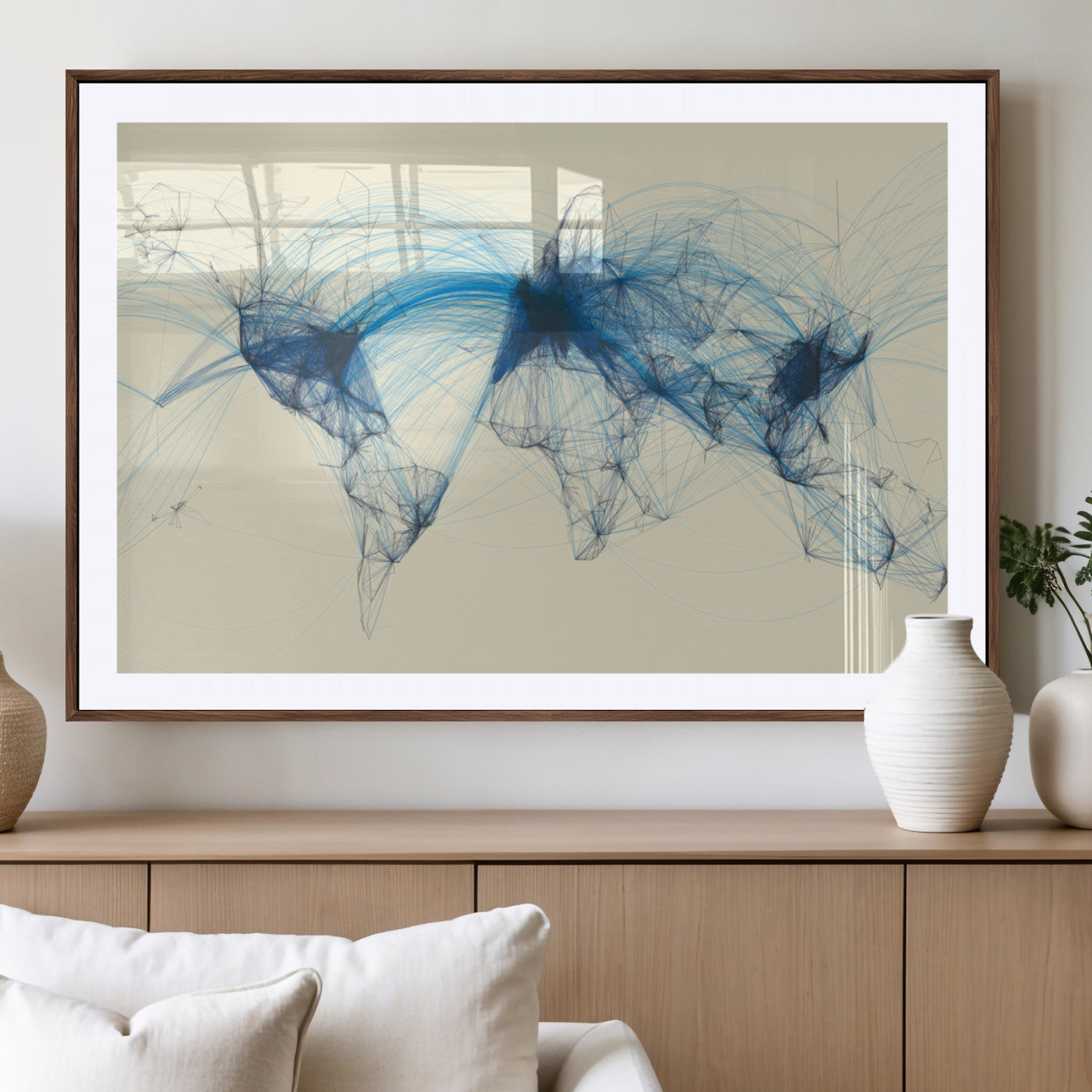 Map-Blue-Contract-MGV-CV-36X24-Flight Routes Map Art – Modern Air Traffic World Map Canvas Print with Blue Connections, Framed Wall Art for Office or Home Decor