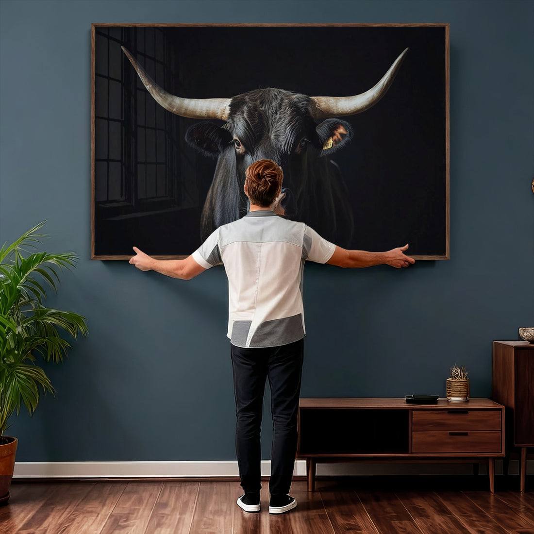 Majestic Longhorn Bull Wall Art Canvas Print | Dark Background Western Portrait