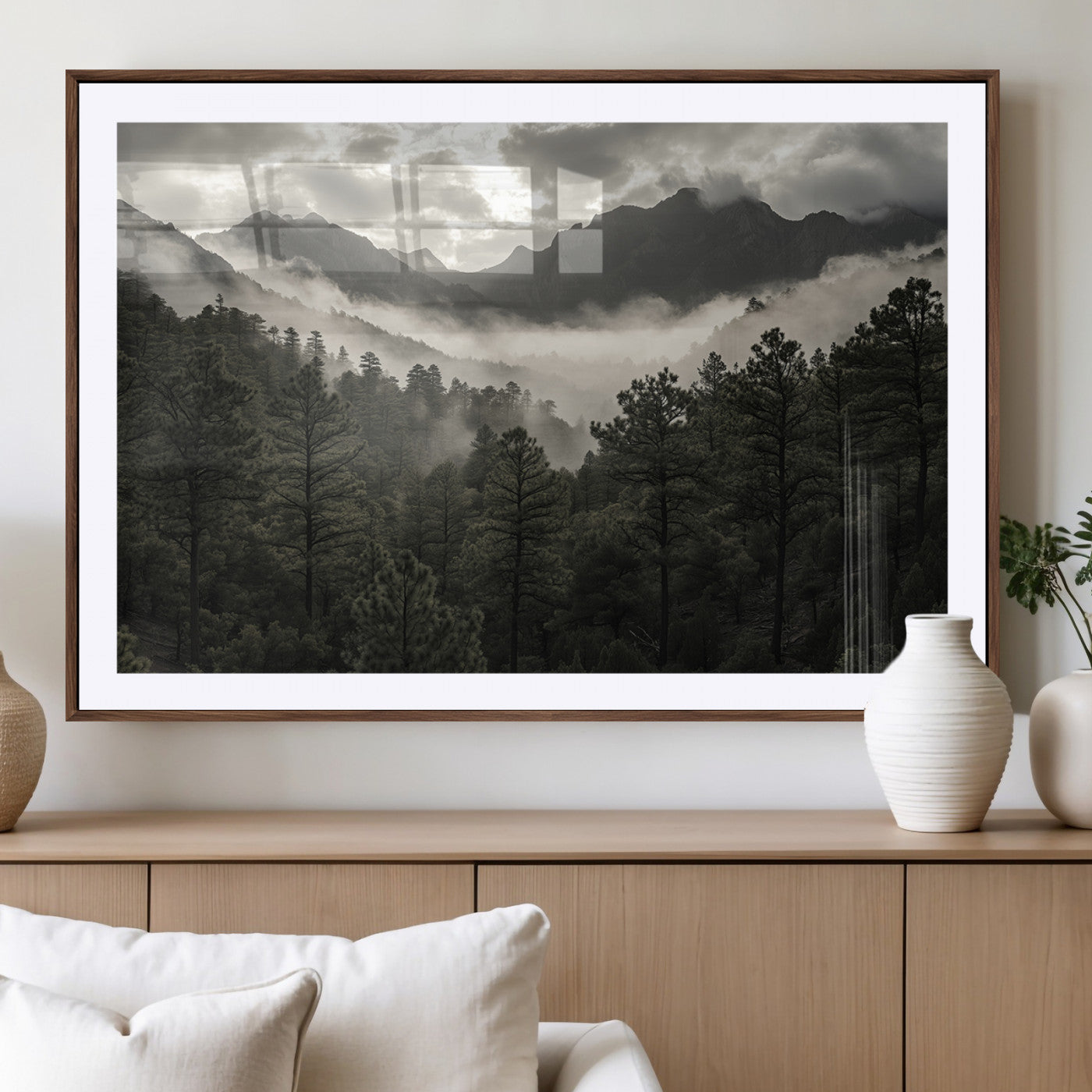 96173787-MGV-CV-36X24-Moody Forest Wall Art – Framed Mountain Fog Canvas Artwork, Misty Woodland Design, Tranquil Nature Decor for Home, Office