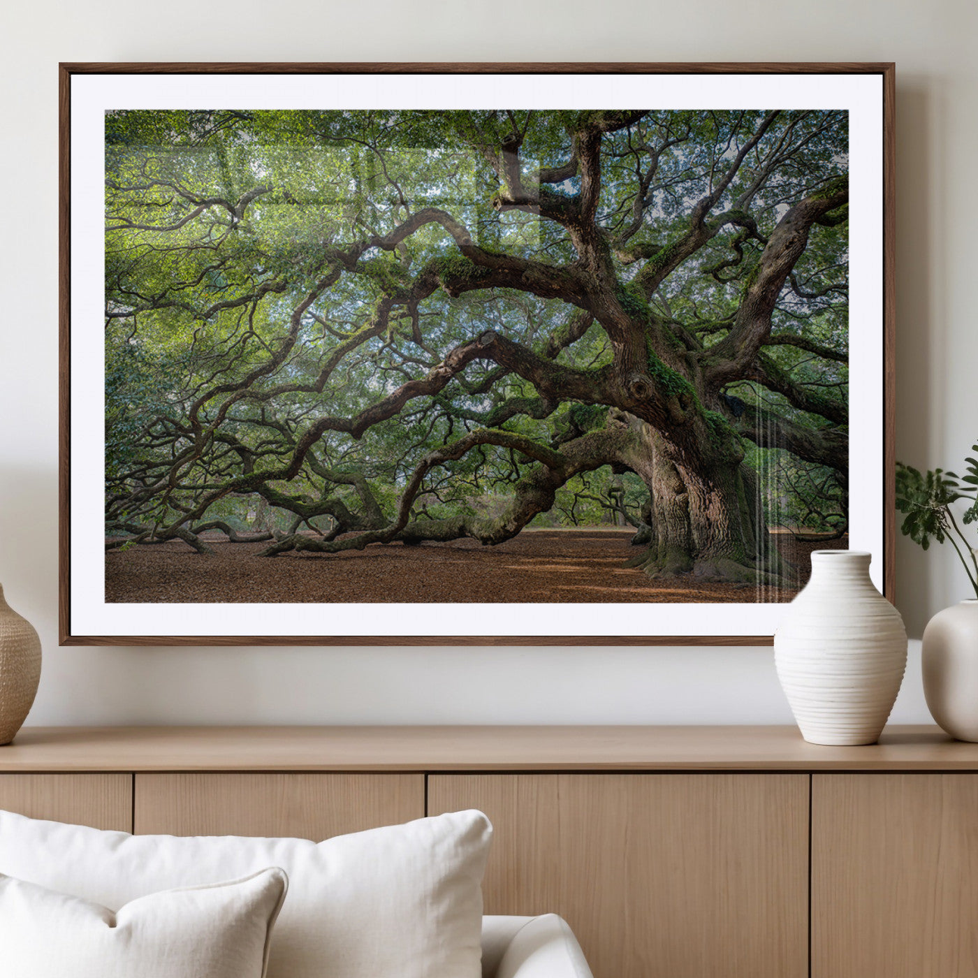 94886260-MGC-FP-36x24_Walnut-Historic Tree Wall Art – Framed Mossy Branch Canvas Artwork, Twisted Woodland Design, Rustic Nature Decor for Home, Office