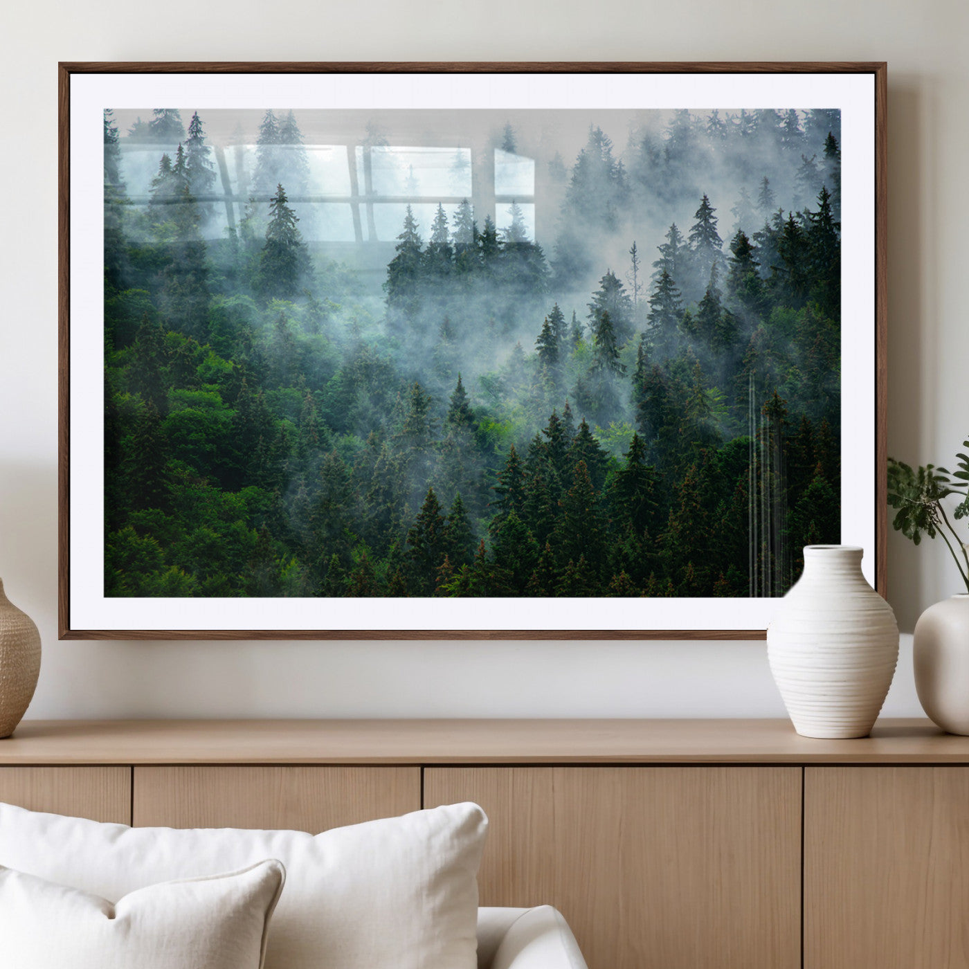17393683-MGV-CV-36X24-Misty Forest Wall Art Canvas Print – Framed Foggy Mountain Scene with Serene Nature Artwork for Home, Office, Living Room