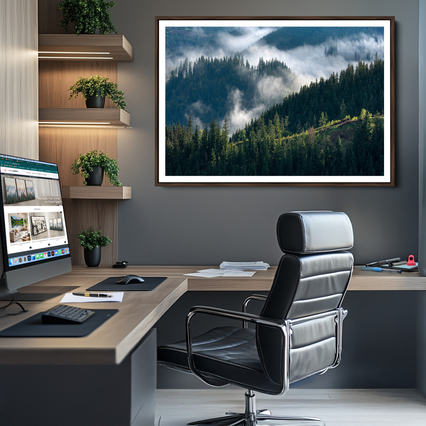 84598503-MGV-CV-36X24-Misty Forest Wall Art Canvas Print – Pine Hills Foggy Woodland Moody Atmosphere Nature Artwork for Home Office