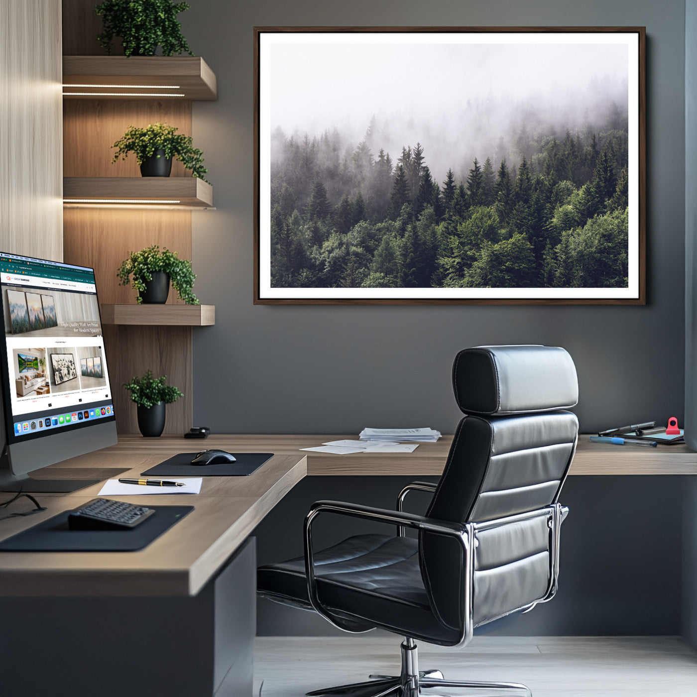 -Misty Forest Wall Art Canvas Print, Framed Foggy Pines Art Picture Print, Pine Valley Perfect Moody
