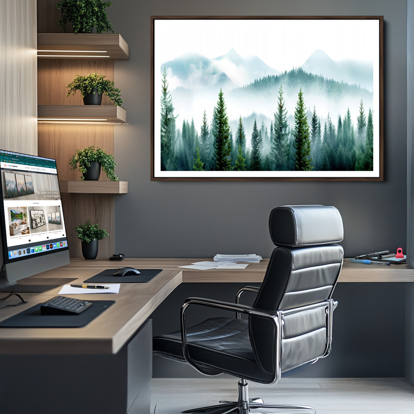 16716676-MGV-CV-36X24-Pine Forest Wall Art Canvas Print – Misty Mountains Foggy Trees Serene Woodland Nature Artwork for Home Office