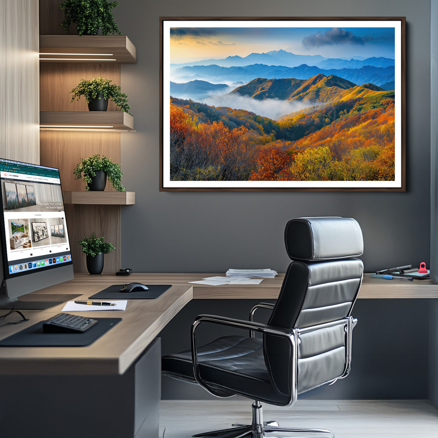 -Autumn Mountains Wall Art Canvas Print, Autumn Mountain Foggy Landscape Wall Art Canvas Print,