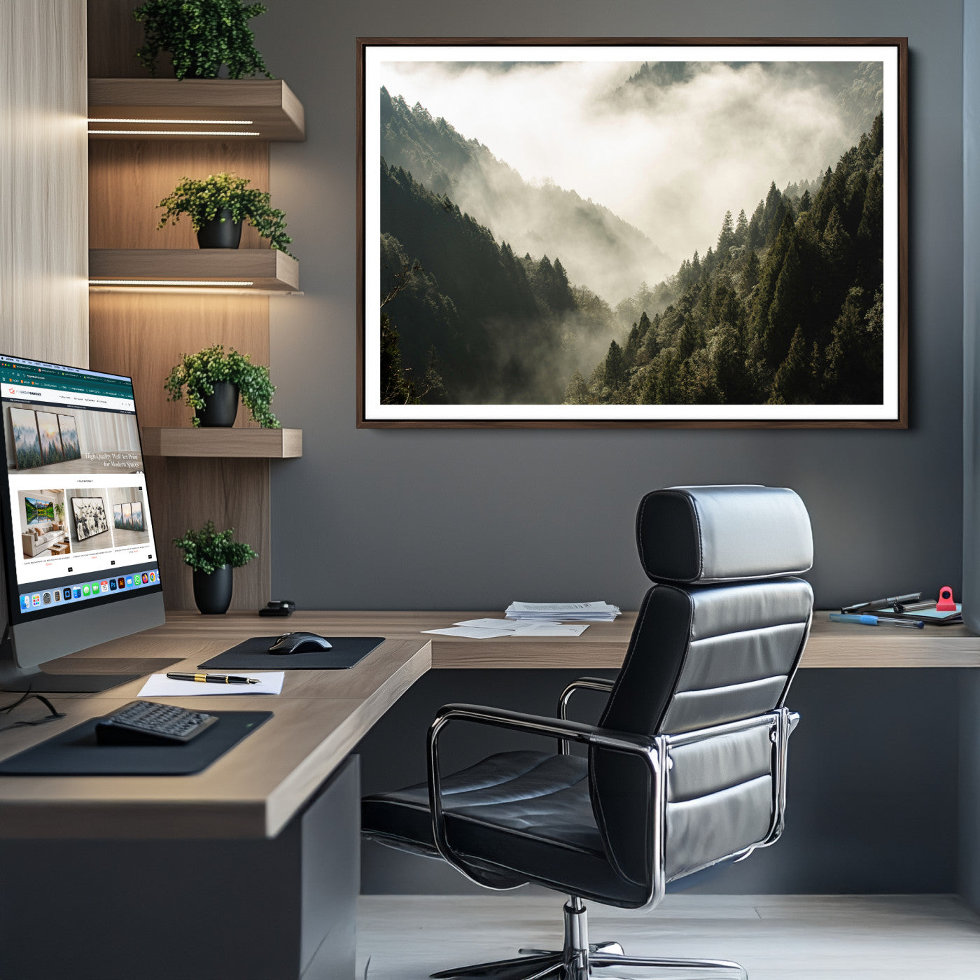 57570237-MGV-CV-36X24-Misty Valley Wall Art Canvas Print – Foggy Forest Pine Trees Serene Woodland Landscape Artwork for Home Office