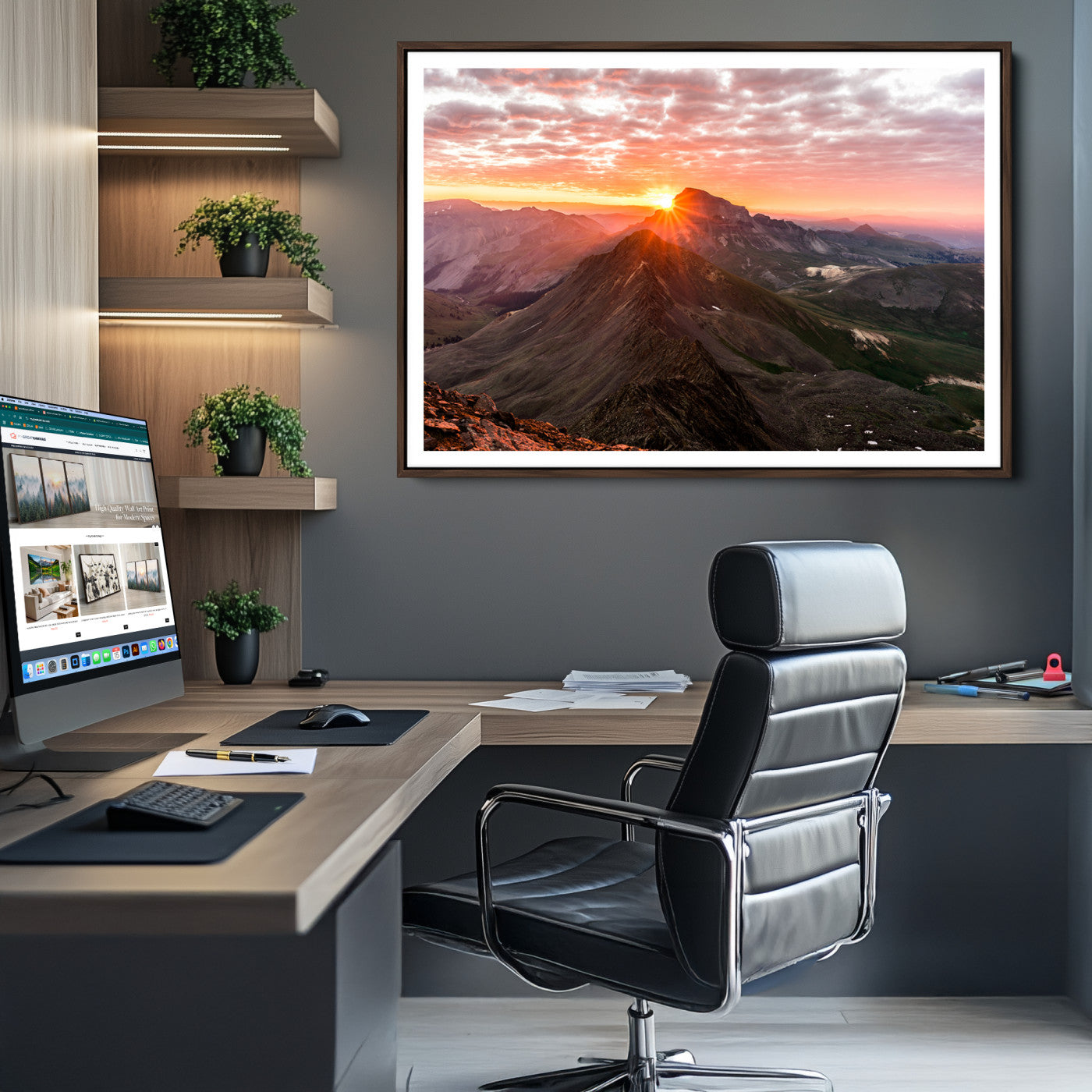 -Mountain Sunrise Wall Art Canvas Print, Framed Alpine Ridge Art Picture Print, Mountain Range