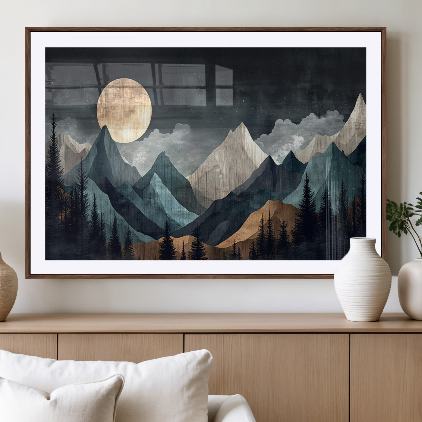 11060882-MGV-CV-36X24-Moonlit Mountain Wall Art Canvas Print – Silhouetted Pines Layered Peaks Tranquil Sky Mist Silver Light Nature Artwork for Home