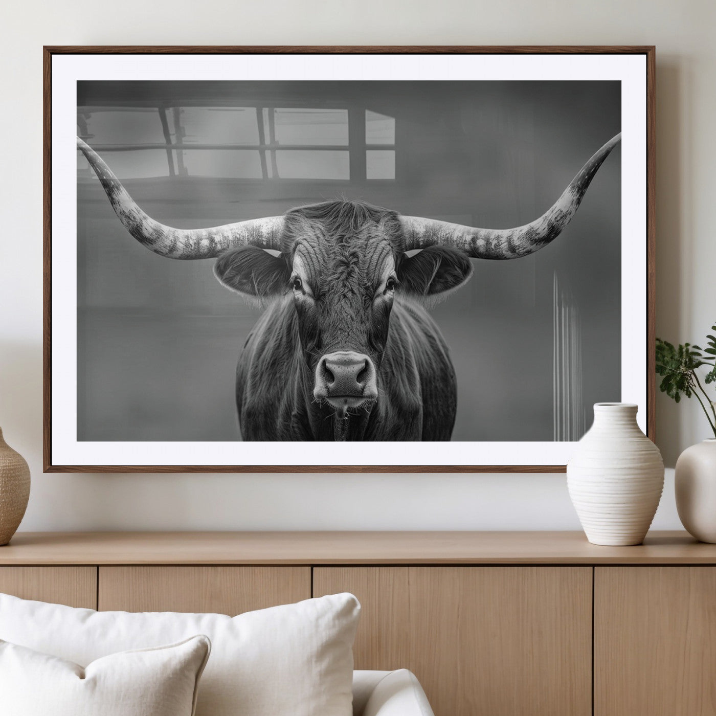 81228550-MGV-CV-36X24-Texas Longhorn Wall Art Canvas Print – Framed Western Bull Ranch Photography Rustic Country Farm Decor Artwork for home, office