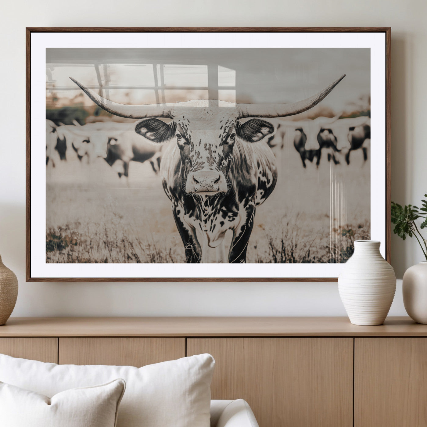 27497342-MGV-CV-36X24-Texas Longhorn Wall Art Canvas Print – Framed Speckled Bull Horned Cattle Rustic Western Artwork for Home Office